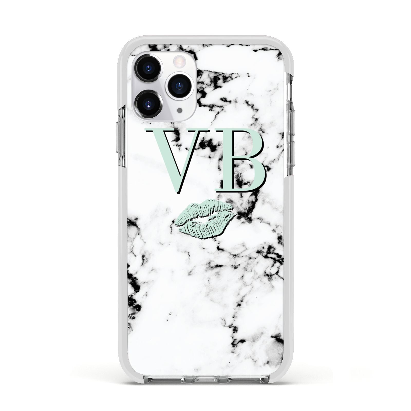 Personalised Mint Lips Initials Marble Apple iPhone 11 Pro in Silver with White Impact Case