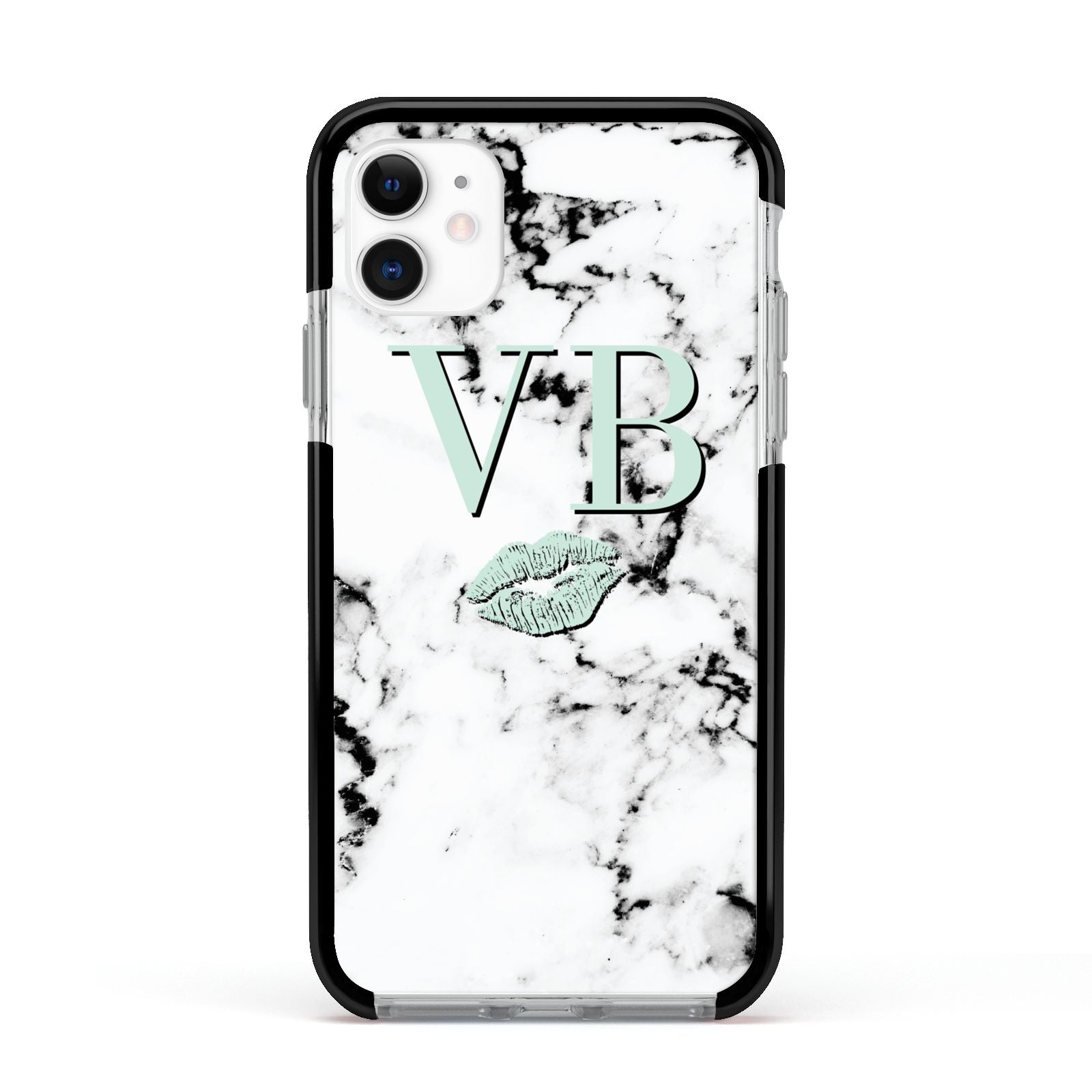 Personalised Mint Lips Initials Marble Apple iPhone 11 in White with Black Impact Case