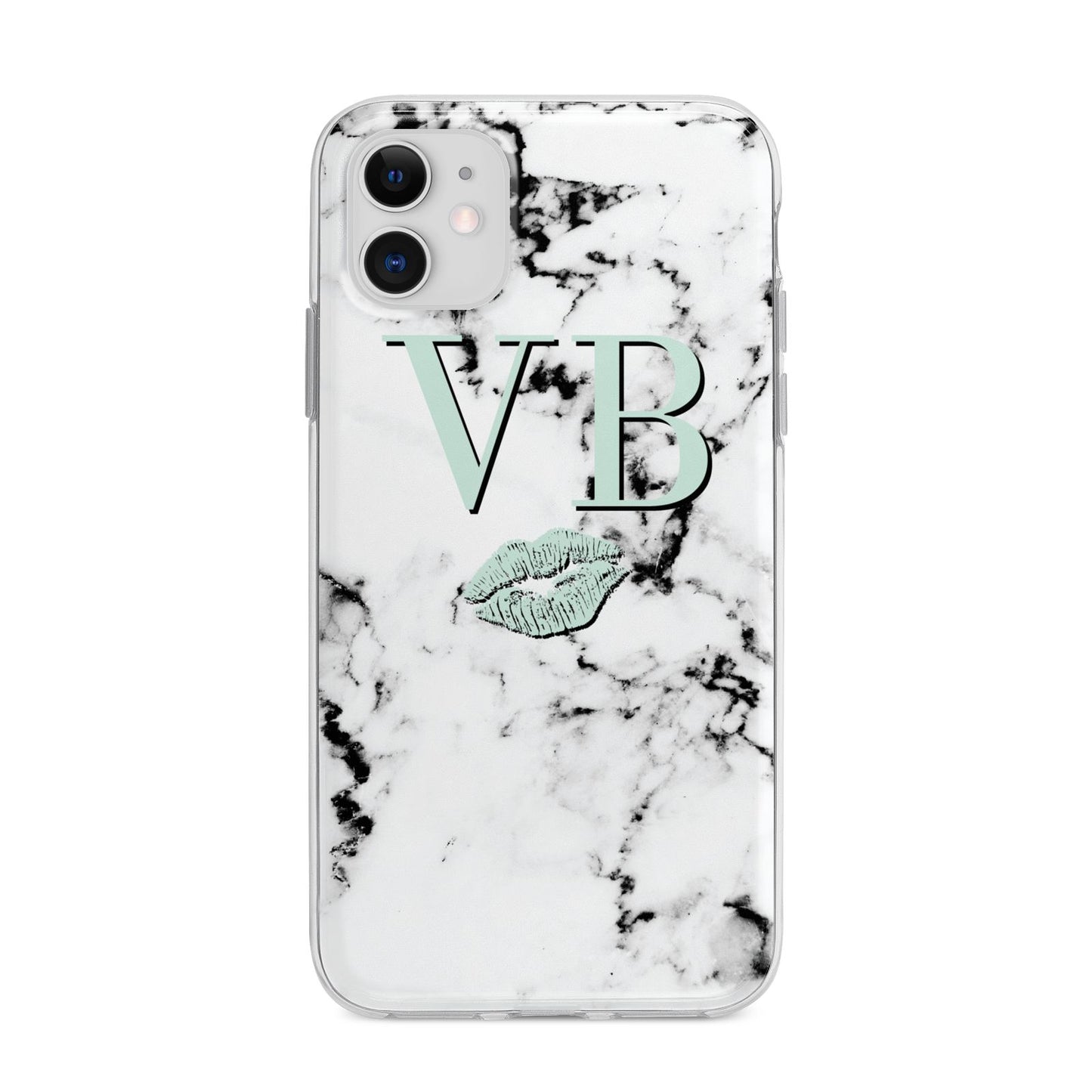 Personalised Mint Lips Initials Marble Apple iPhone 11 in White with Bumper Case