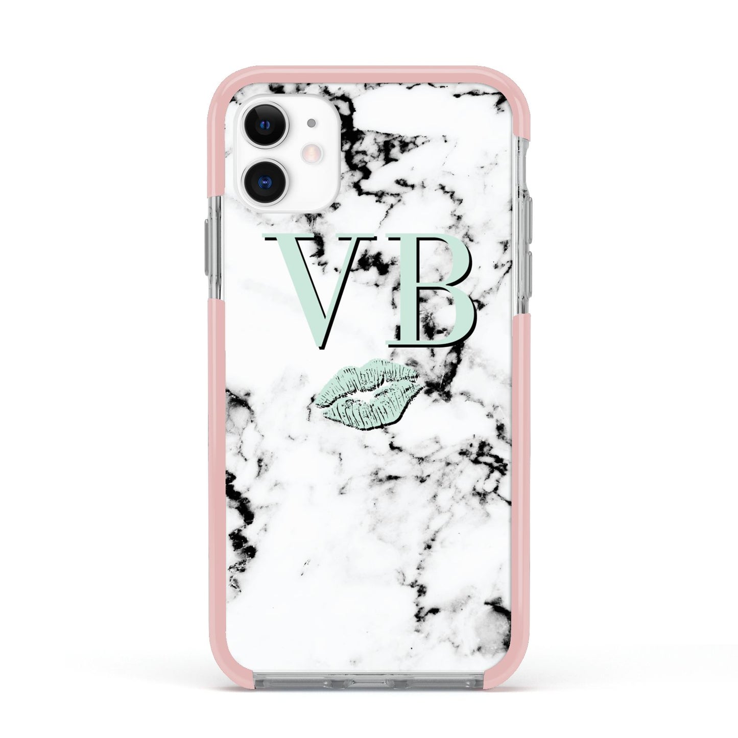 Personalised Mint Lips Initials Marble Apple iPhone 11 in White with Pink Impact Case