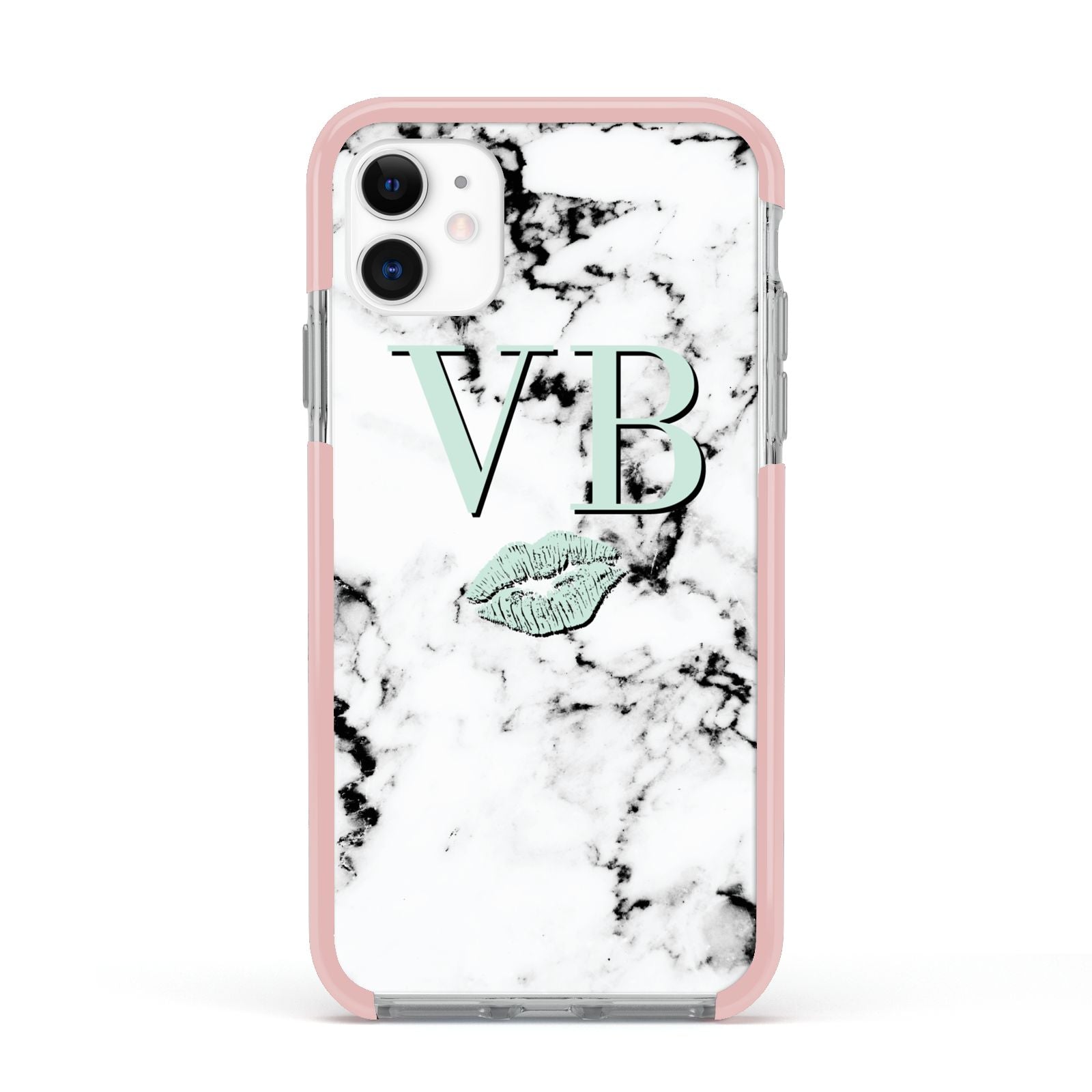 Personalised Mint Lips Initials Marble Apple iPhone 11 in White with Pink Impact Case