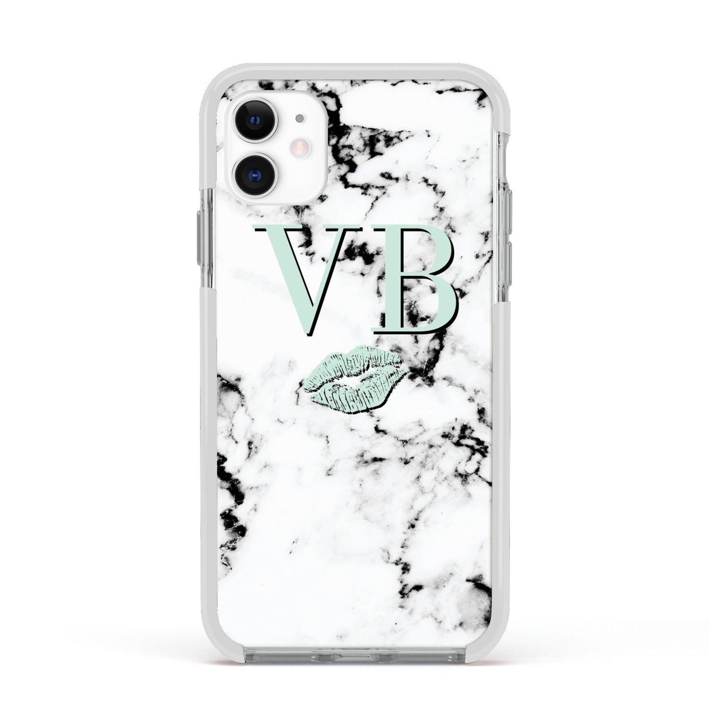 Personalised Mint Lips Initials Marble Apple iPhone 11 in White with White Impact Case