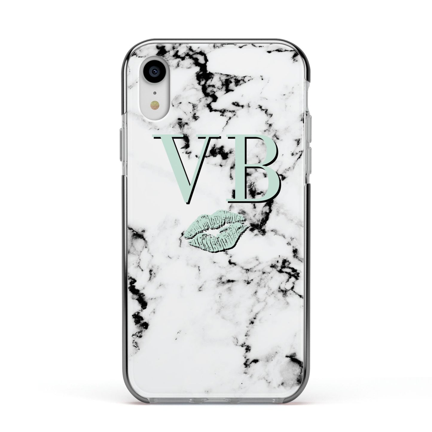 Personalised Mint Lips Initials Marble Apple iPhone XR Impact Case Black Edge on Silver Phone