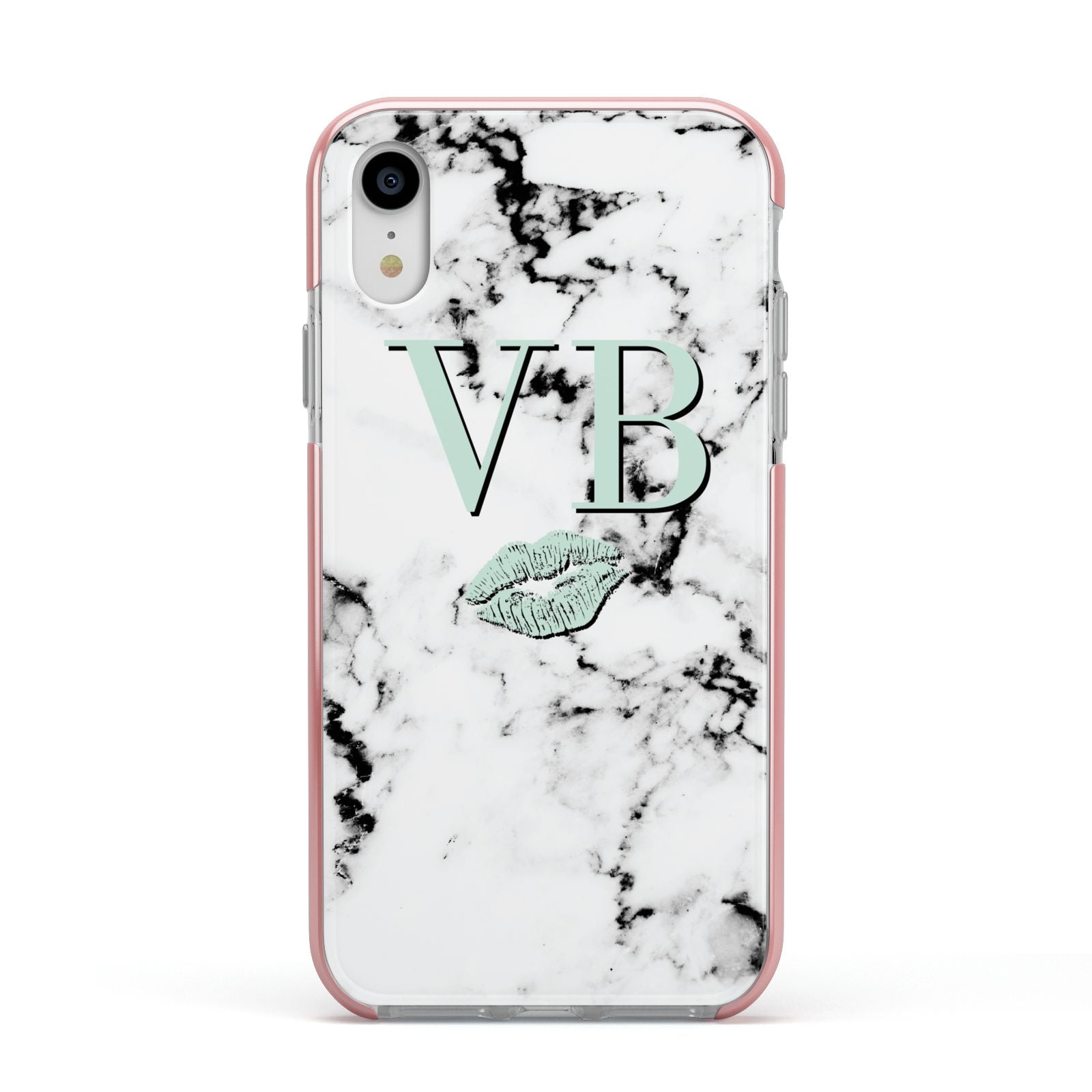 Personalised Mint Lips Initials Marble Apple iPhone XR Impact Case Pink Edge on Silver Phone