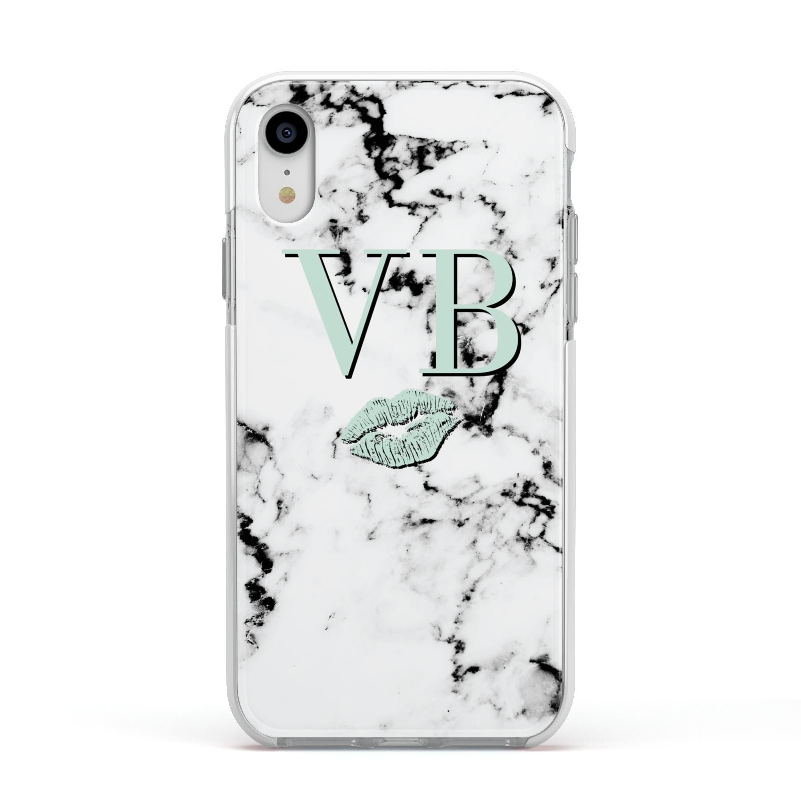 Personalised Mint Lips Initials Marble Apple iPhone XR Impact Case White Edge on Silver Phone