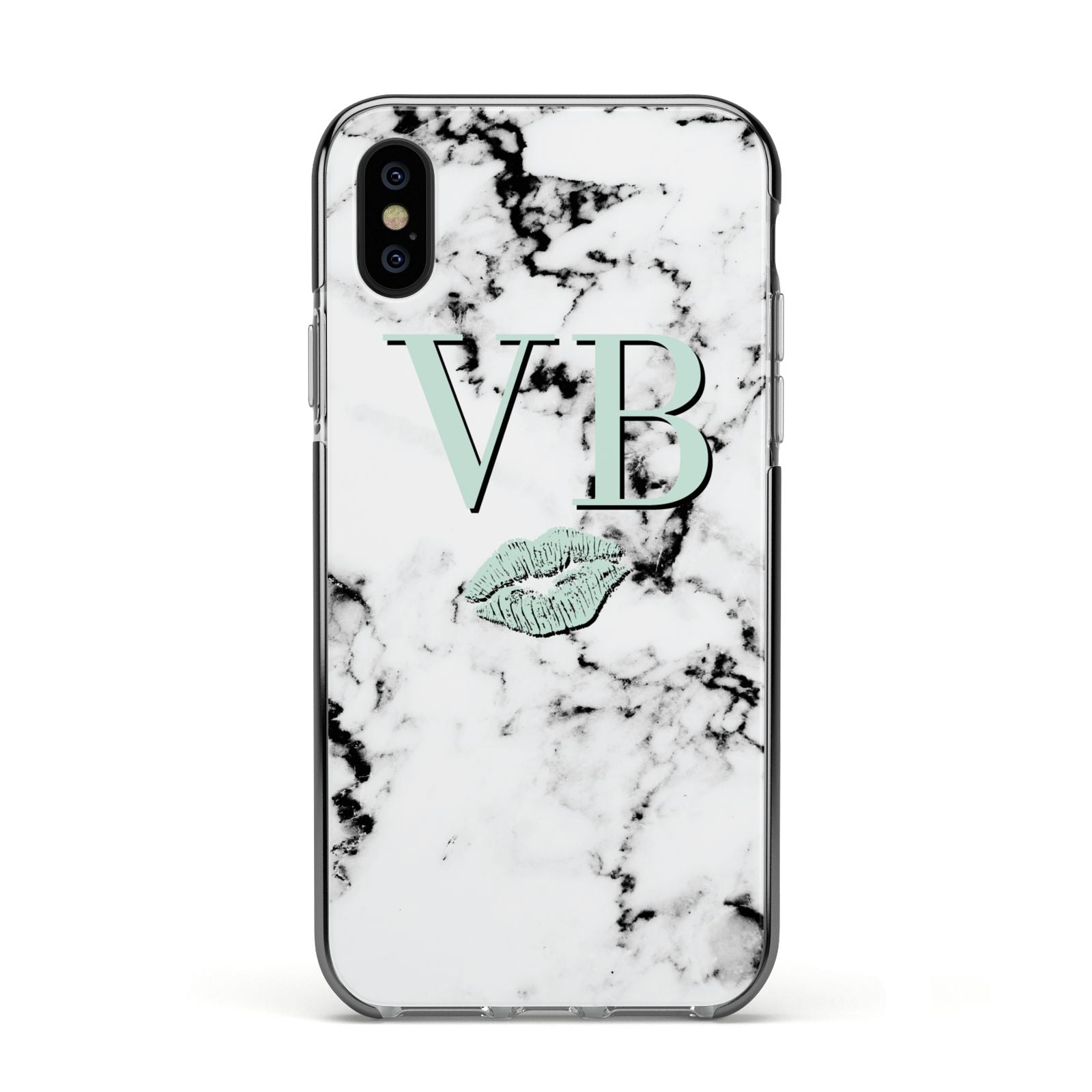 Personalised Mint Lips Initials Marble Apple iPhone Xs Impact Case Black Edge on Black Phone