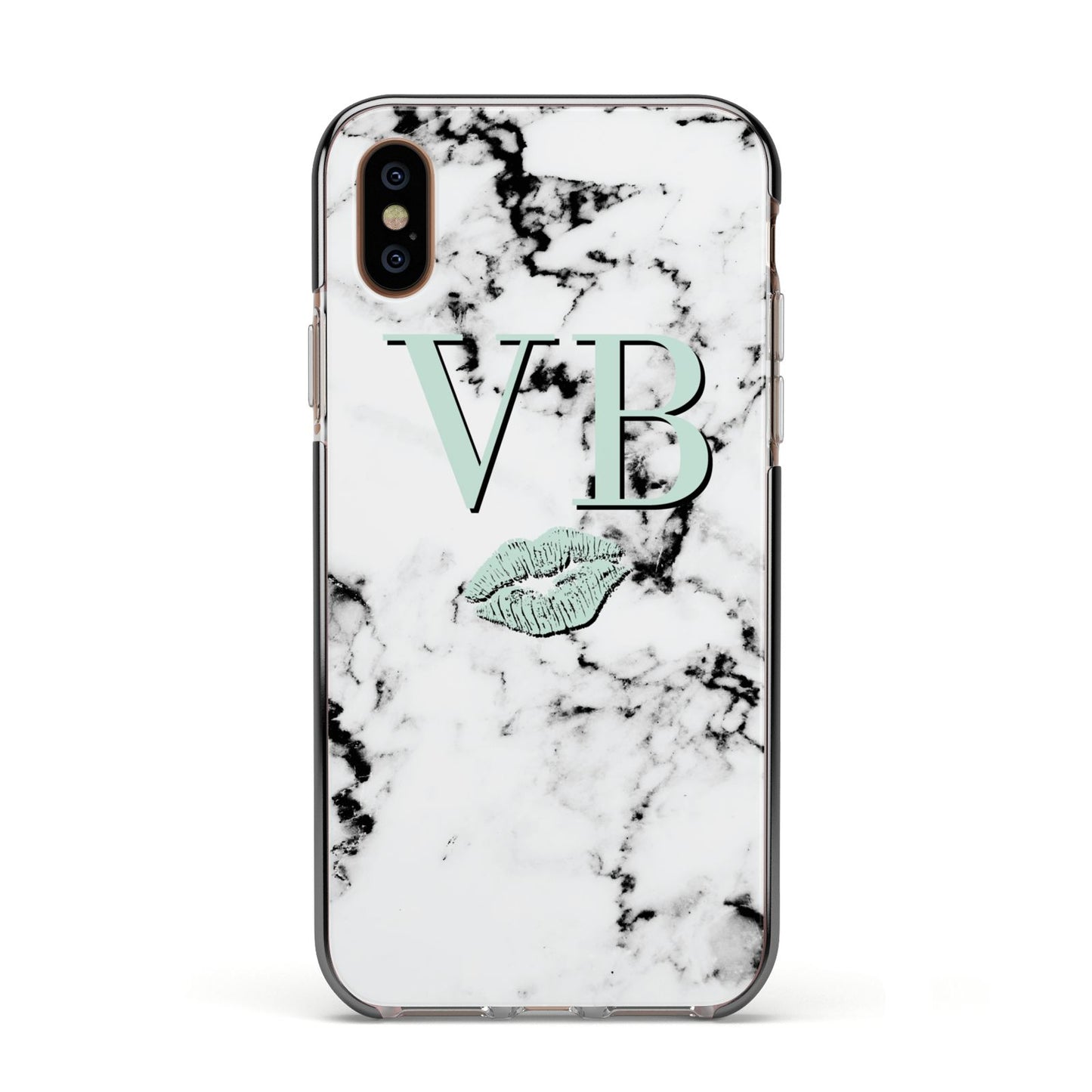 Personalised Mint Lips Initials Marble Apple iPhone Xs Impact Case Black Edge on Gold Phone