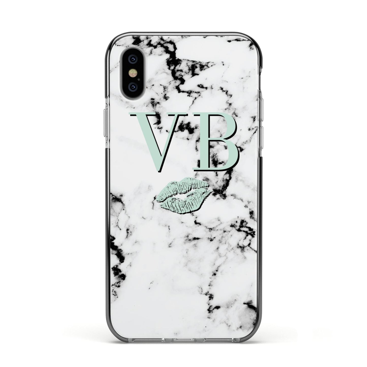 Personalised Mint Lips Initials Marble Apple iPhone Xs Impact Case Black Edge on Silver Phone