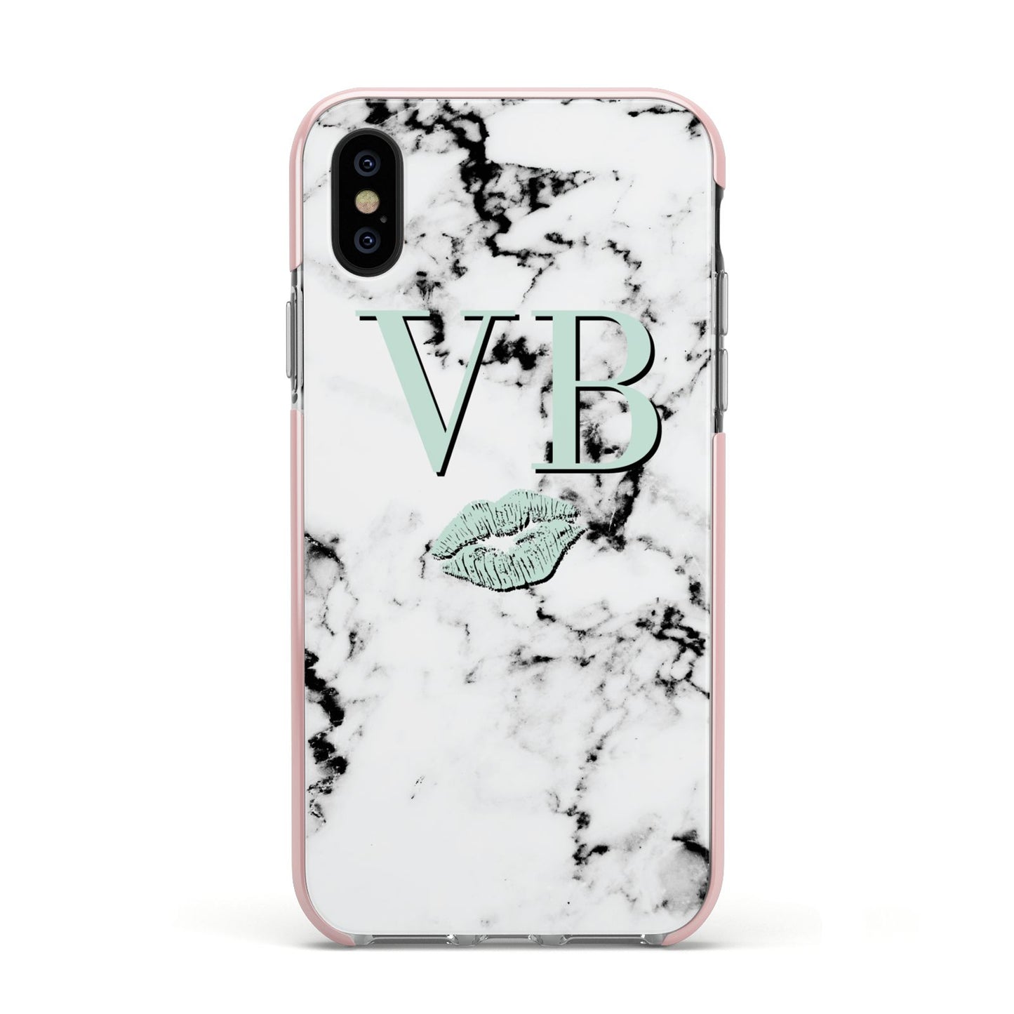 Personalised Mint Lips Initials Marble Apple iPhone Xs Impact Case Pink Edge on Black Phone