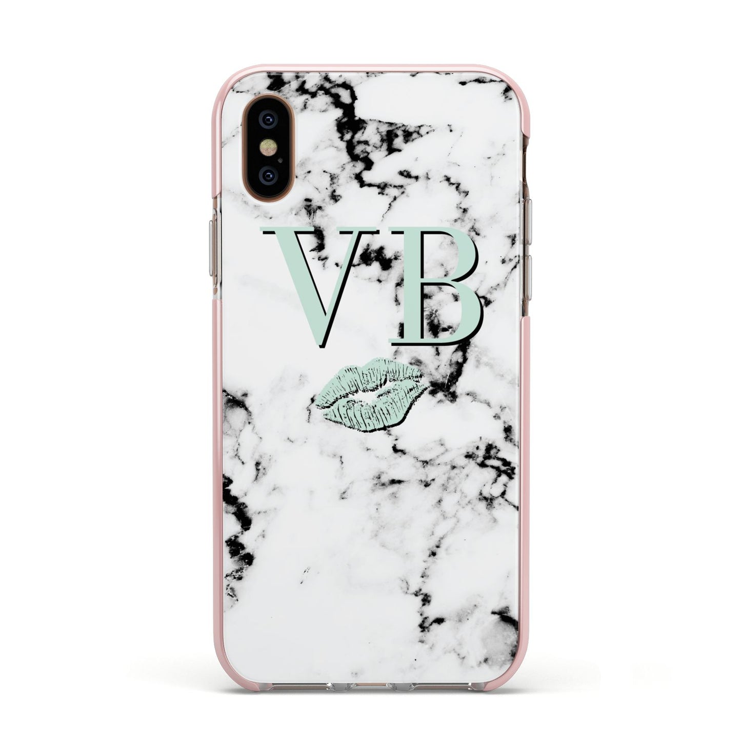 Personalised Mint Lips Initials Marble Apple iPhone Xs Impact Case Pink Edge on Gold Phone