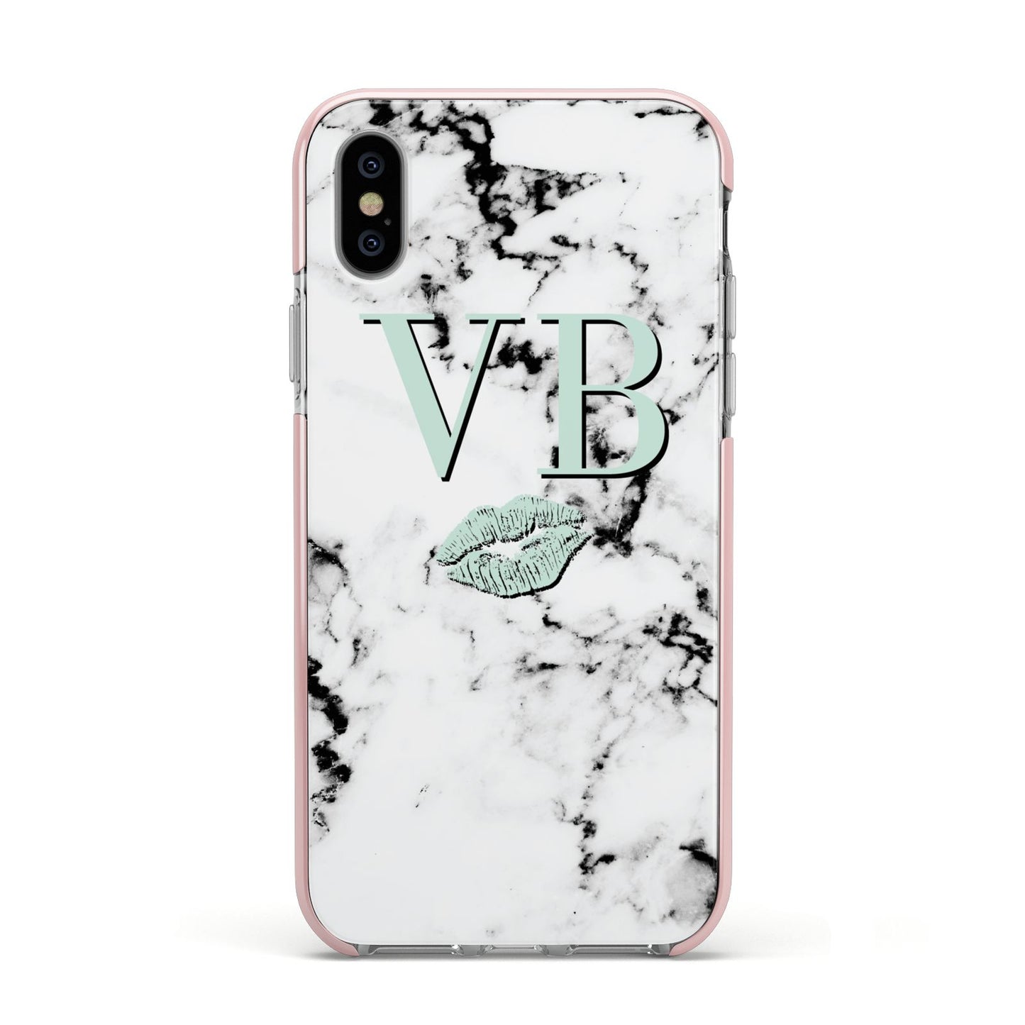 Personalised Mint Lips Initials Marble Apple iPhone Xs Impact Case Pink Edge on Silver Phone