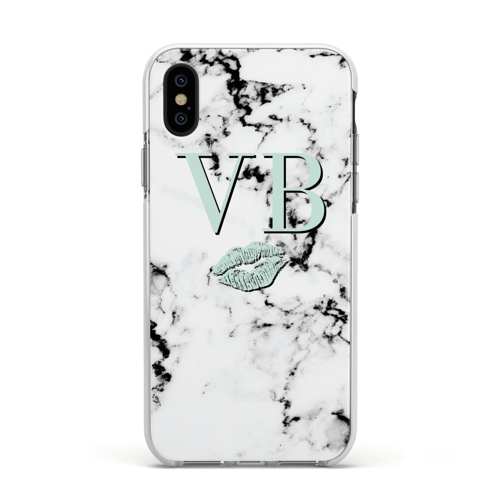 Personalised Mint Lips Initials Marble Apple iPhone Xs Impact Case White Edge on Black Phone