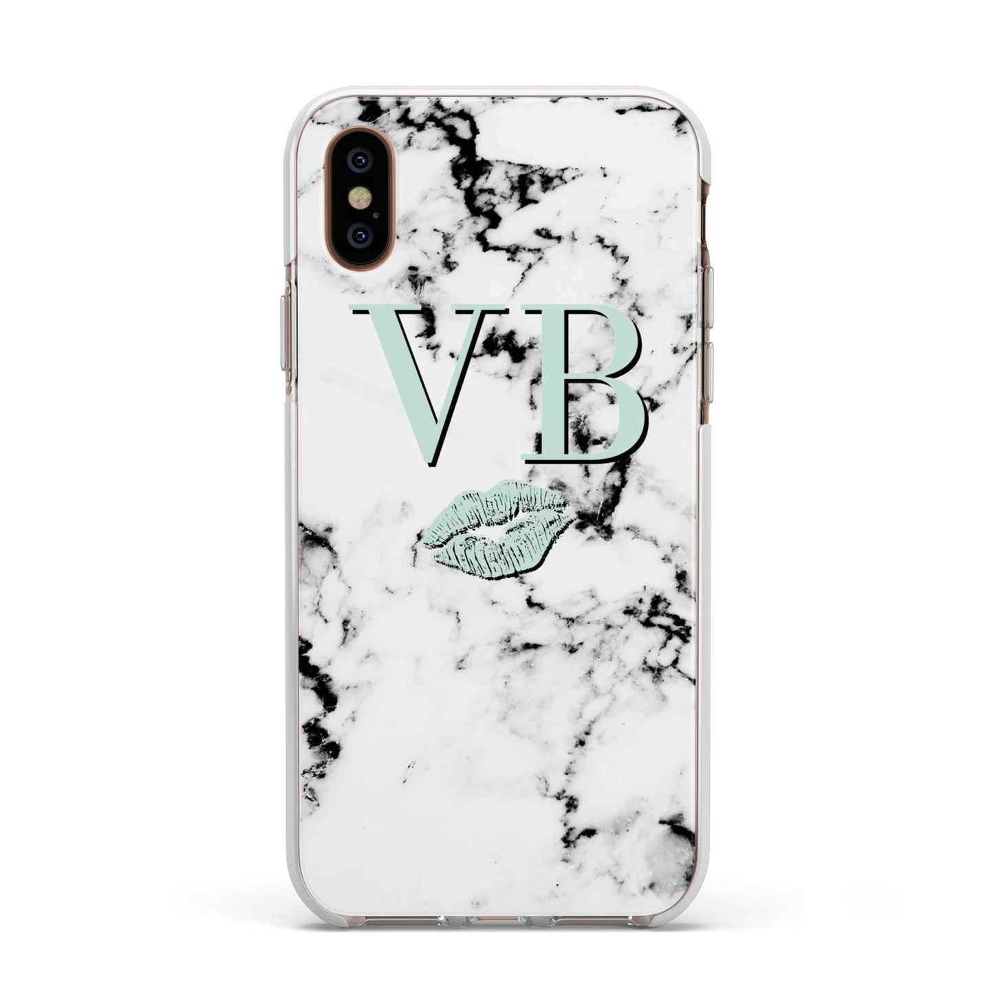 Personalised Mint Lips Initials Marble Apple iPhone Xs Impact Case White Edge on Gold Phone