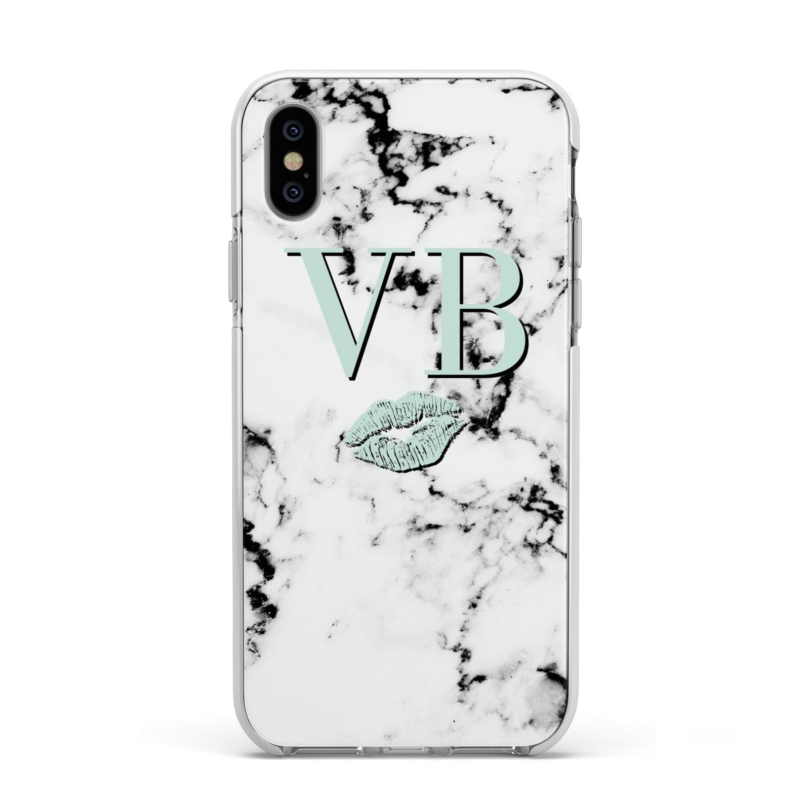 Personalised Mint Lips Initials Marble Apple iPhone Xs Impact Case White Edge on Silver Phone