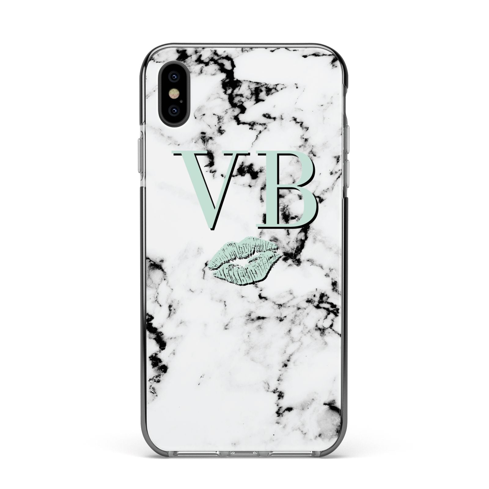 Personalised Mint Lips Initials Marble Apple iPhone Xs Max Impact Case Black Edge on Black Phone