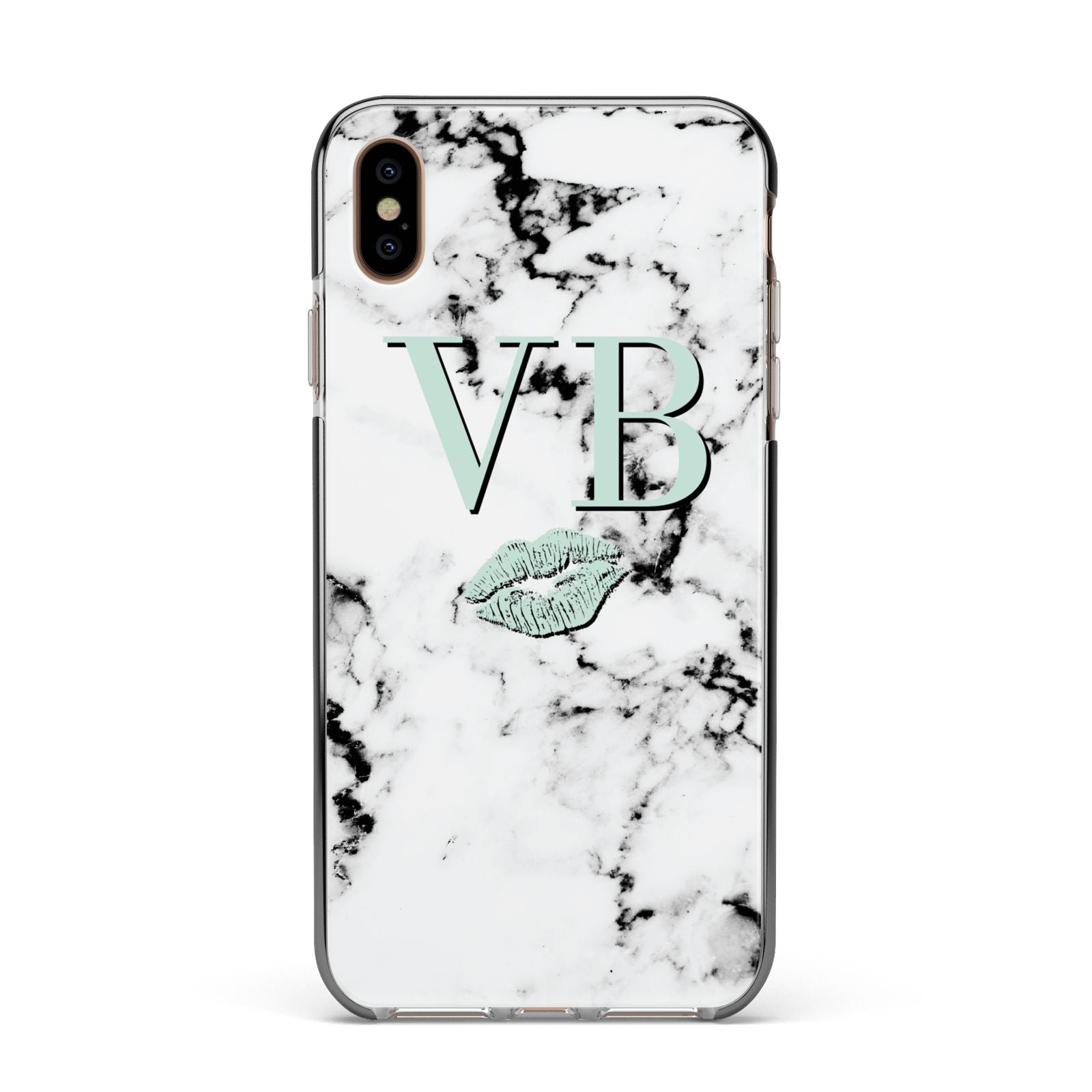 Personalised Mint Lips Initials Marble Apple iPhone Xs Max Impact Case Black Edge on Gold Phone