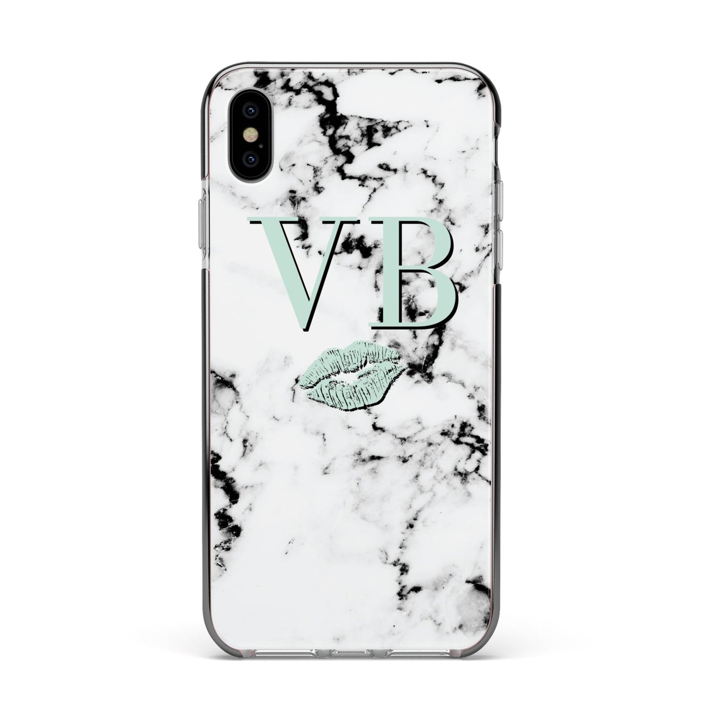 Personalised Mint Lips Initials Marble Apple iPhone Xs Max Impact Case Black Edge on Silver Phone