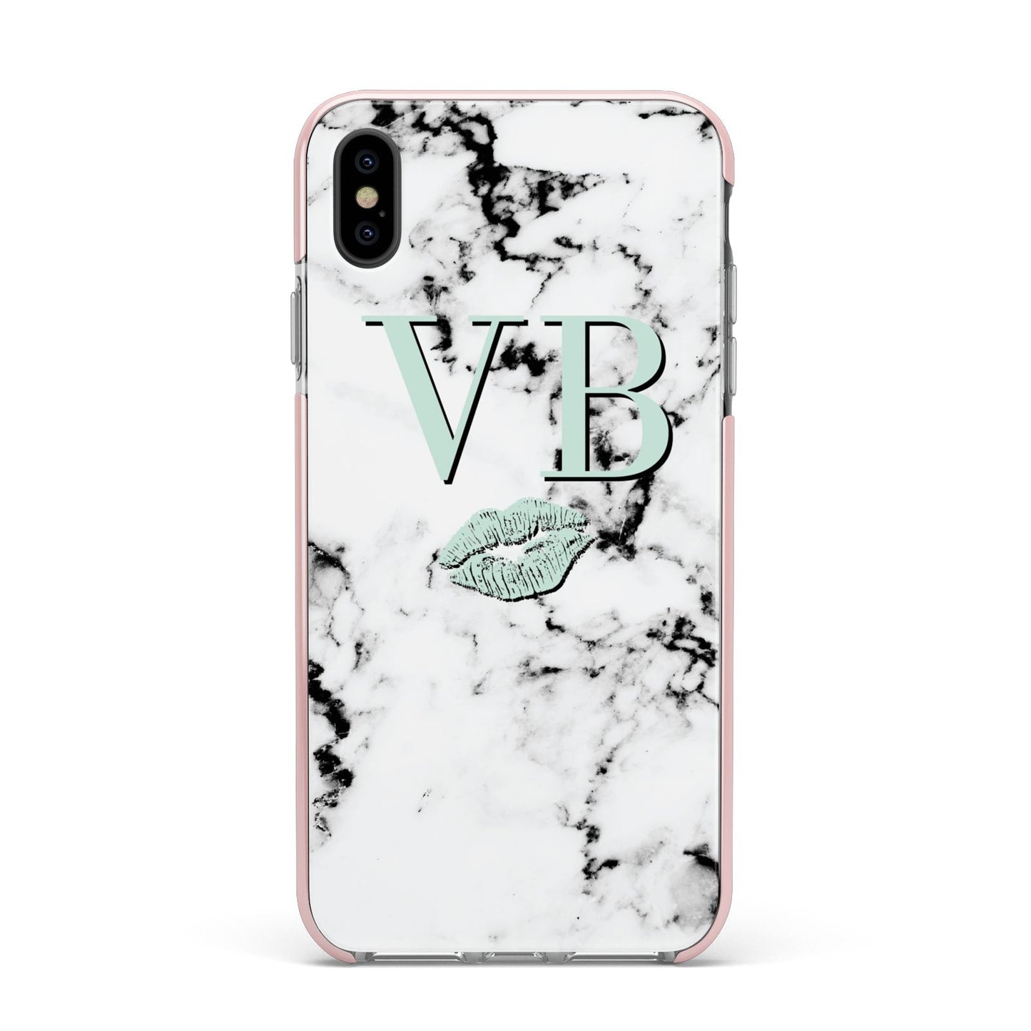 Personalised Mint Lips Initials Marble Apple iPhone Xs Max Impact Case Pink Edge on Black Phone