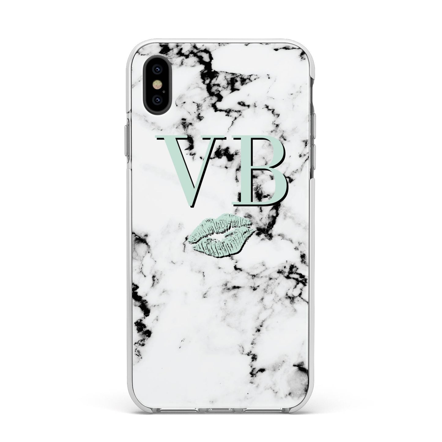 Personalised Mint Lips Initials Marble Apple iPhone Xs Max Impact Case White Edge on Black Phone