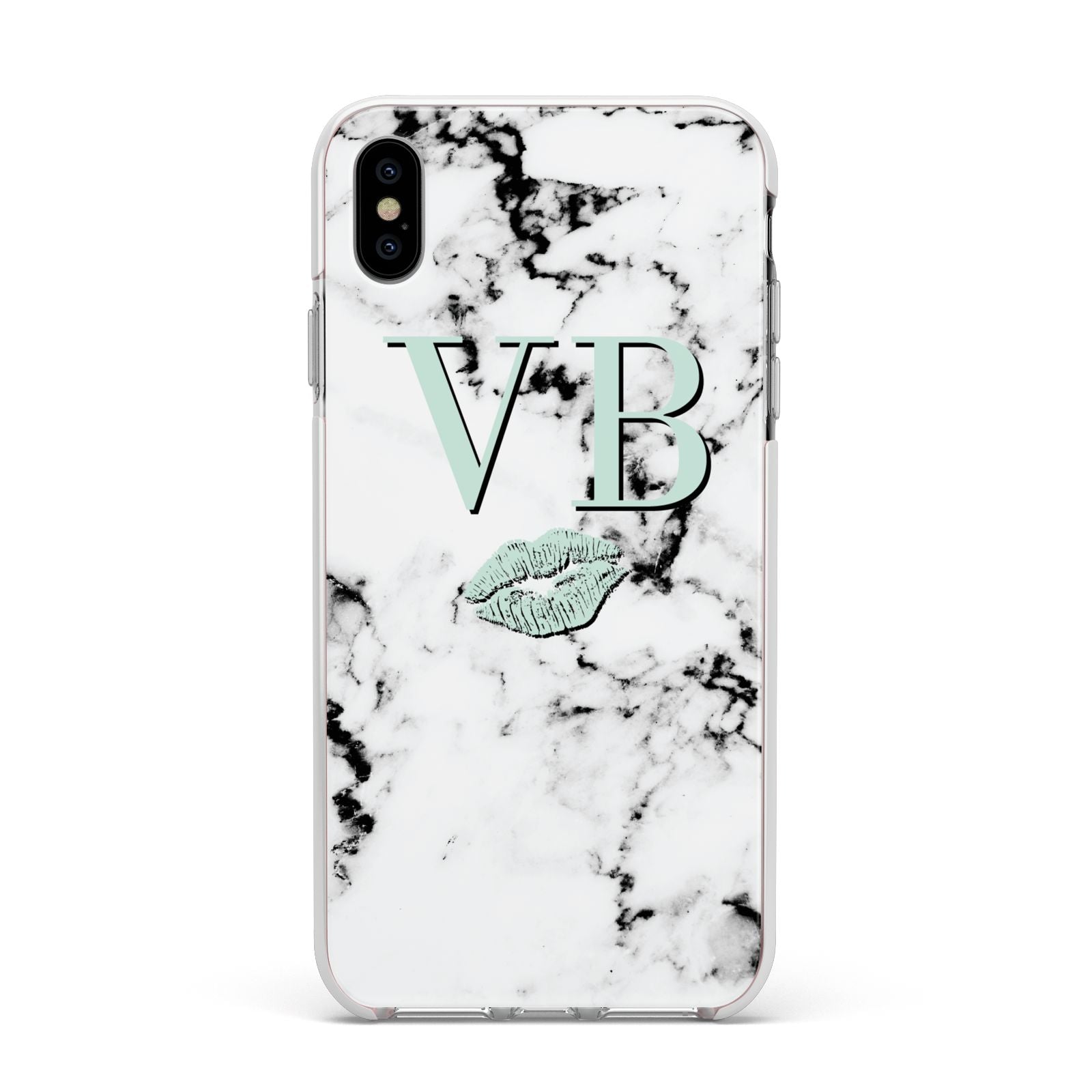 Personalised Mint Lips Initials Marble Apple iPhone Xs Max Impact Case White Edge on Silver Phone