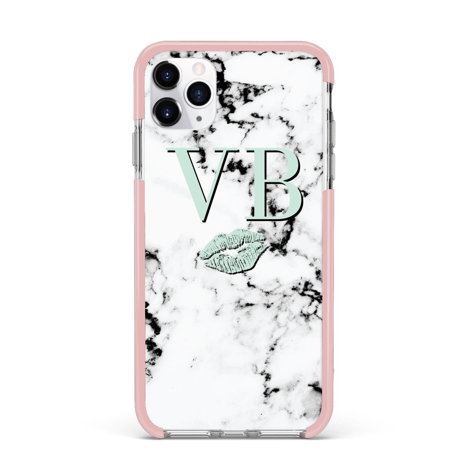 Personalised Mint Lips Initials Marble iPhone 11 Pro Max Impact Pink Edge Case