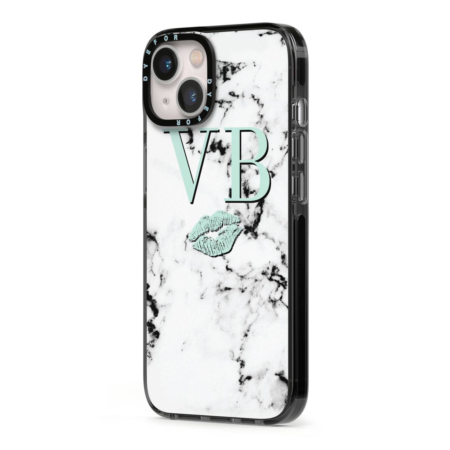 Personalised Mint Lips Initials Marble iPhone 13 Black Impact Case Side Angle on Silver phone