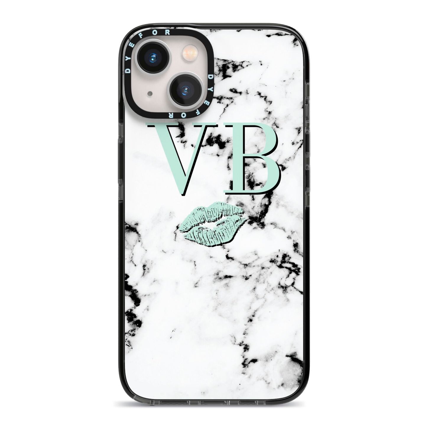 Personalised Mint Lips Initials Marble iPhone 13 Black Impact Case on Silver phone