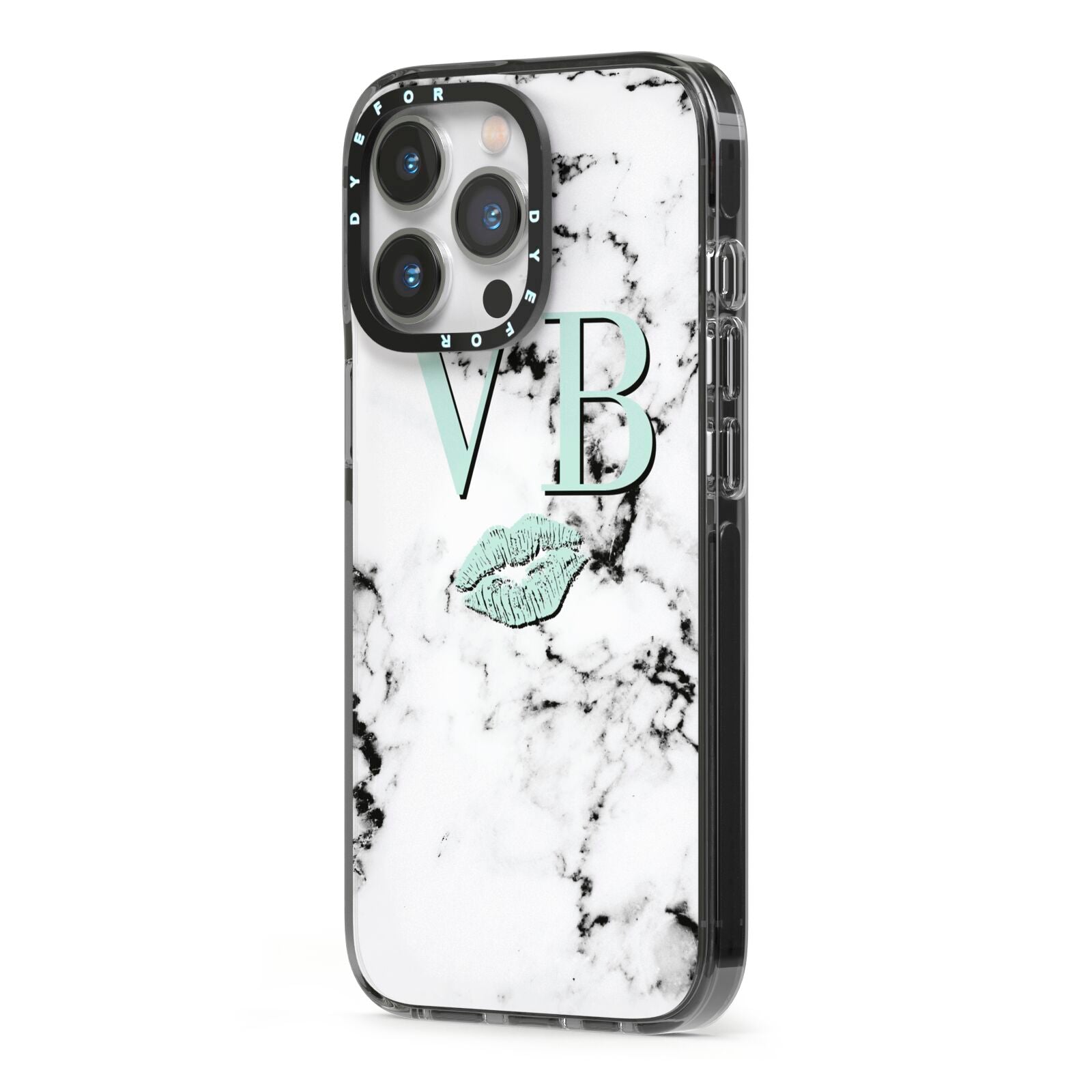 Personalised Mint Lips Initials Marble iPhone 13 Pro Black Impact Case Side Angle on Silver phone