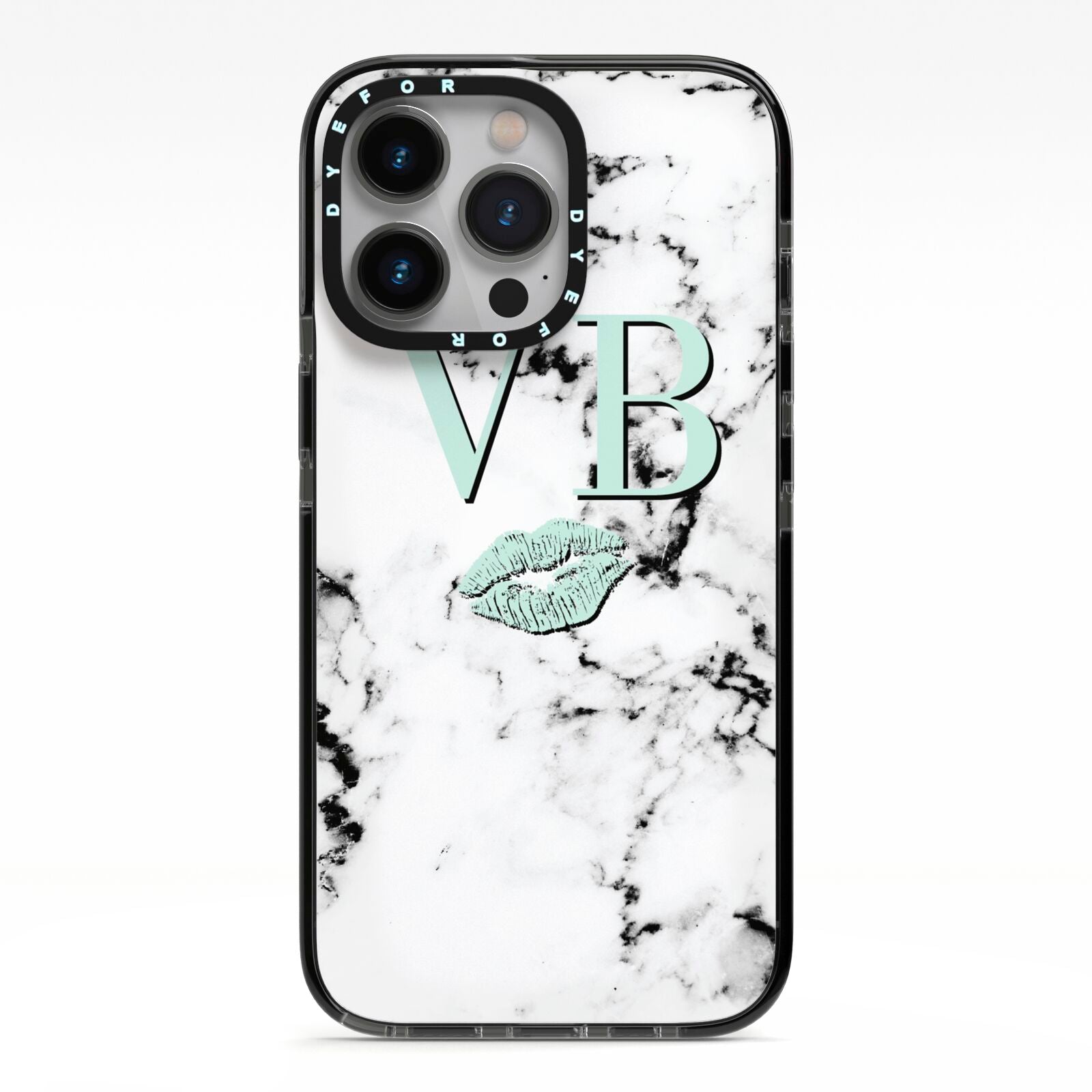 Personalised Mint Lips Initials Marble iPhone 13 Pro Black Impact Case on Silver phone