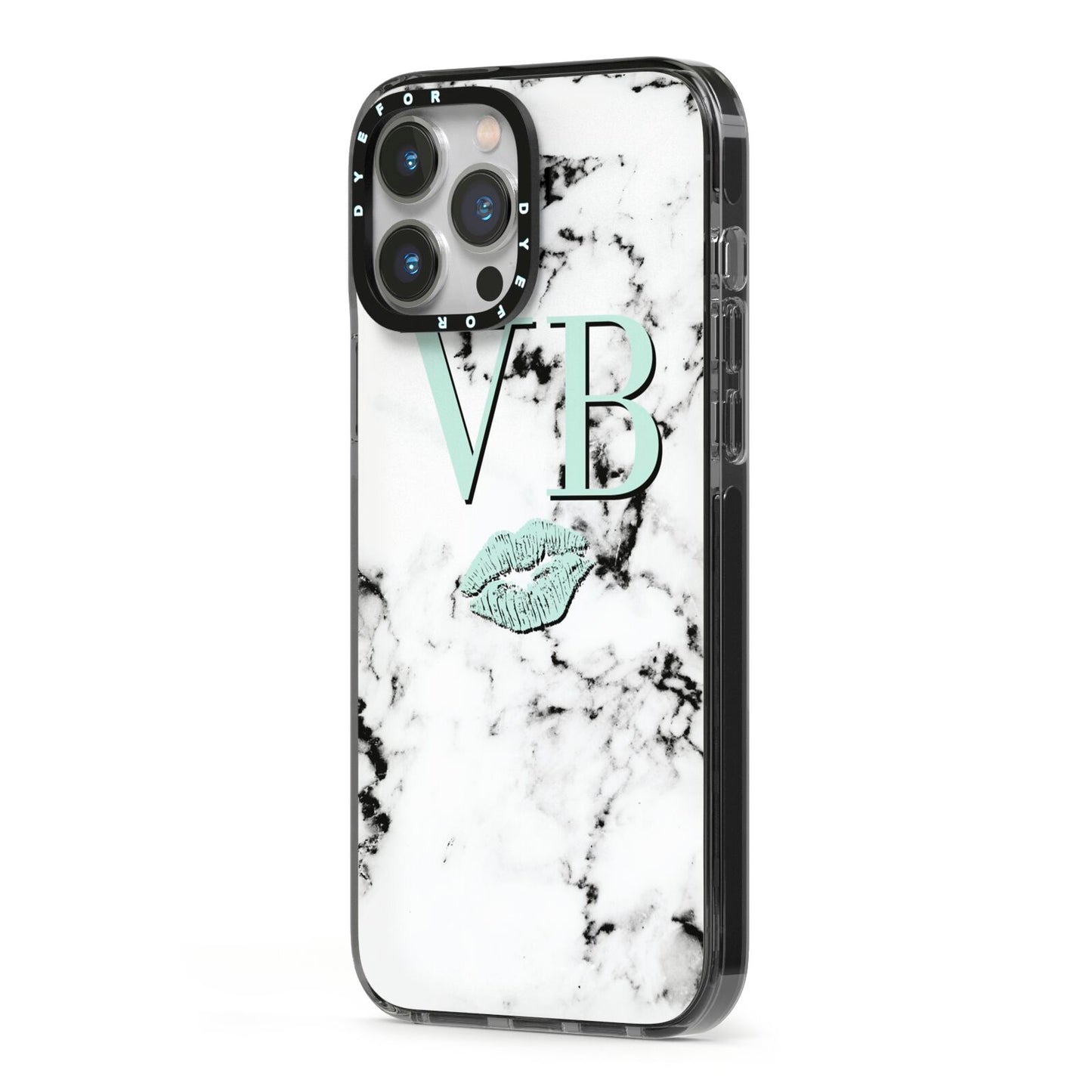 Personalised Mint Lips Initials Marble iPhone 13 Pro Max Black Impact Case Side Angle on Silver phone