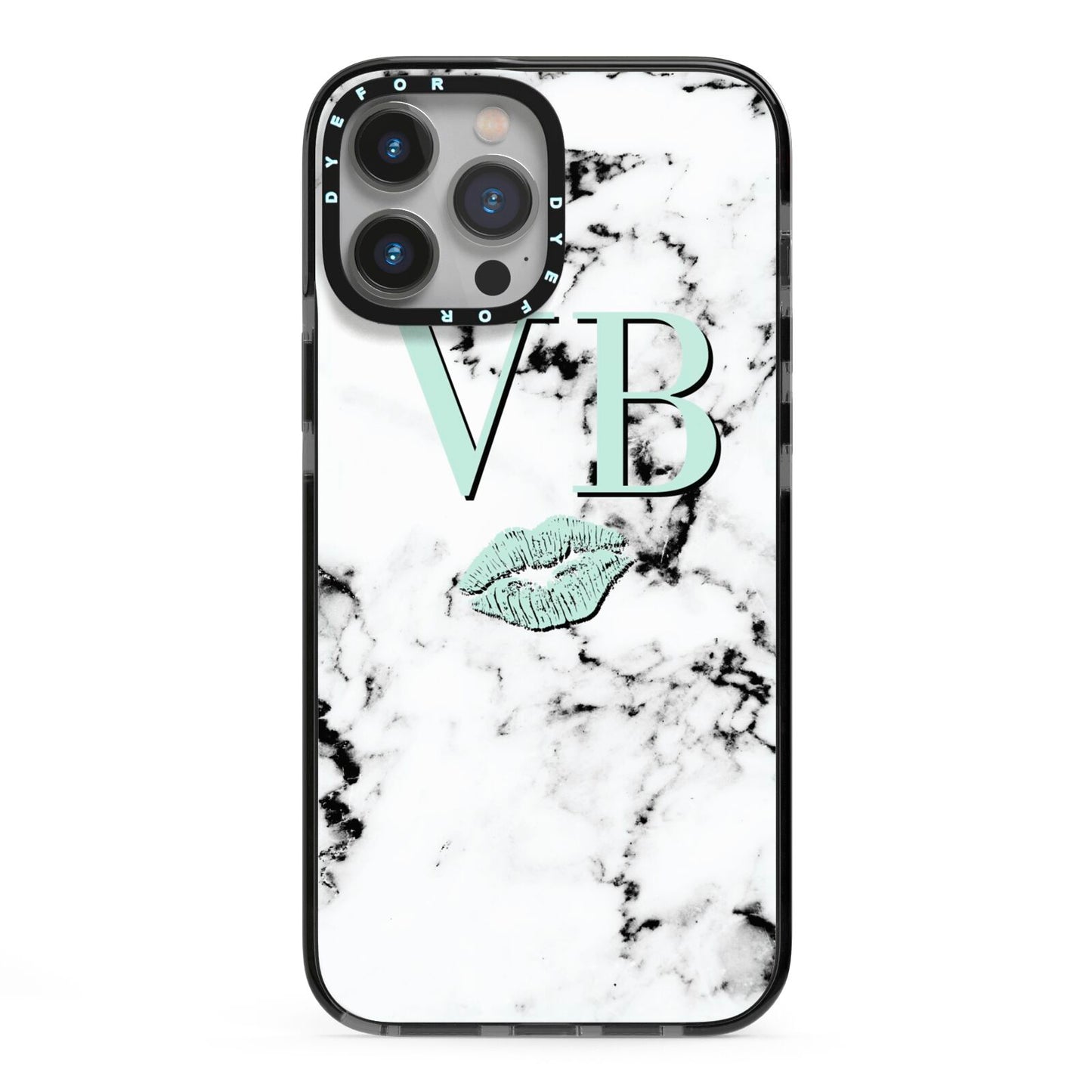 Personalised Mint Lips Initials Marble iPhone 13 Pro Max Black Impact Case on Silver phone