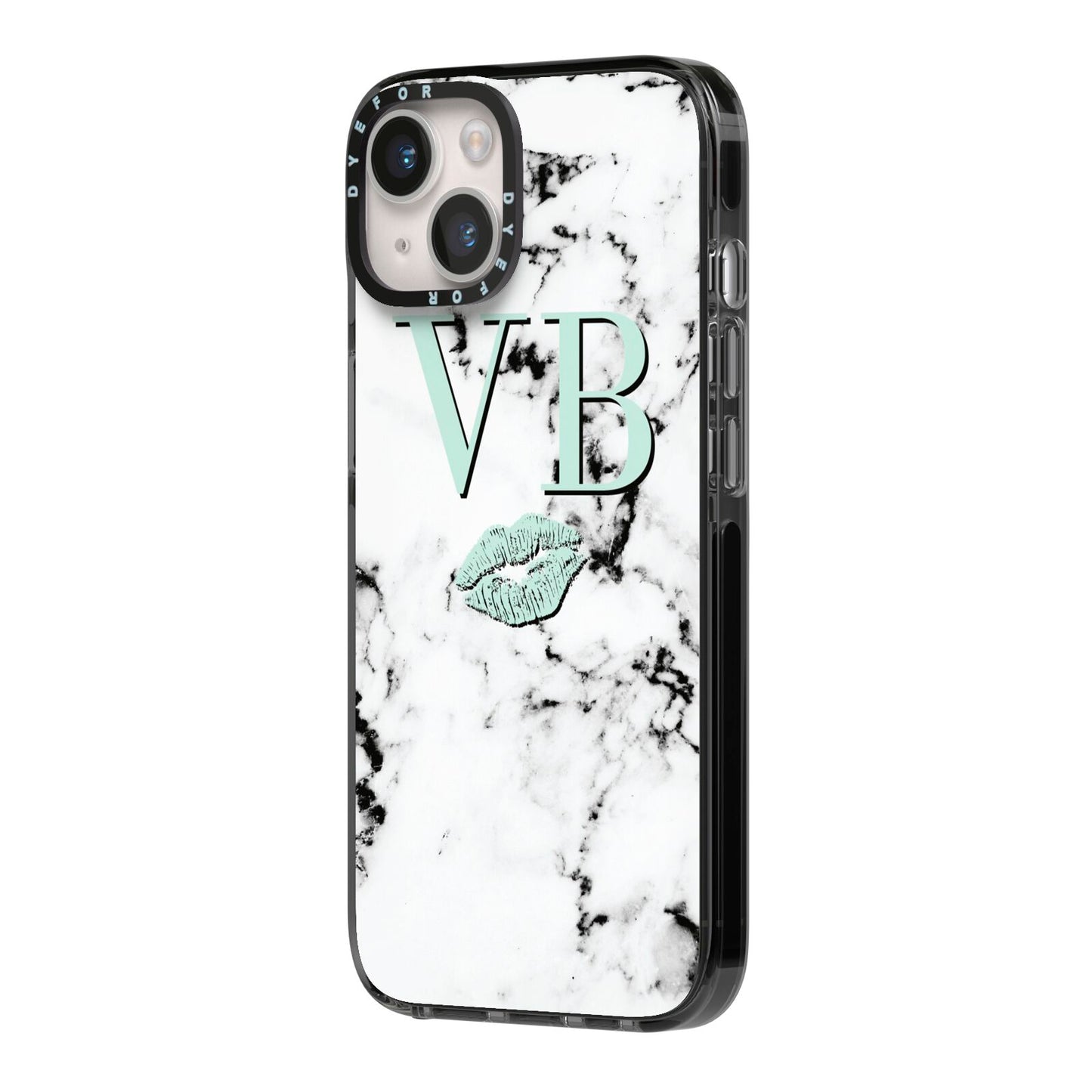 Personalised Mint Lips Initials Marble iPhone 14 Black Impact Case Side Angle on Silver phone