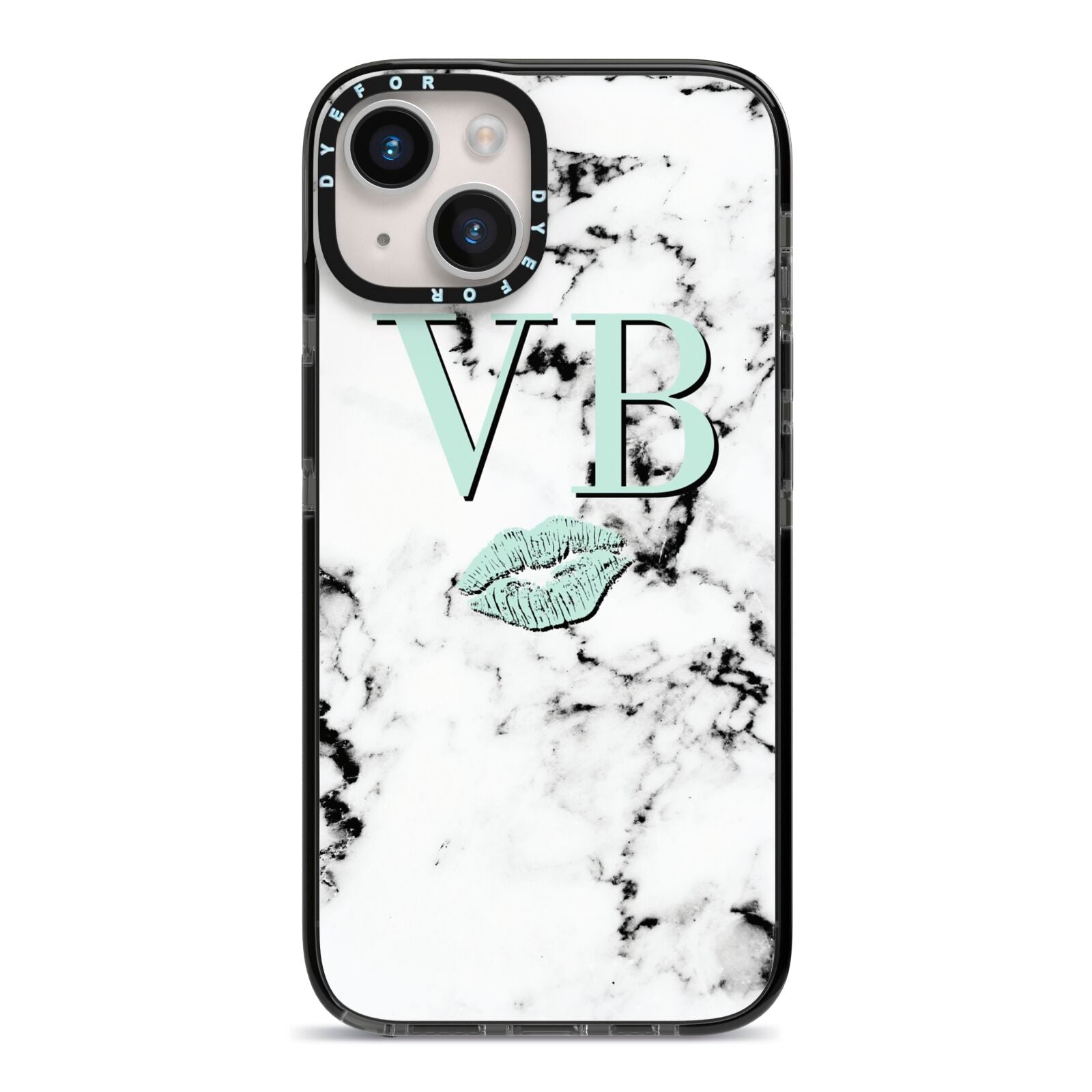 Personalised Mint Lips Initials Marble iPhone 14 Black Impact Case on Silver phone