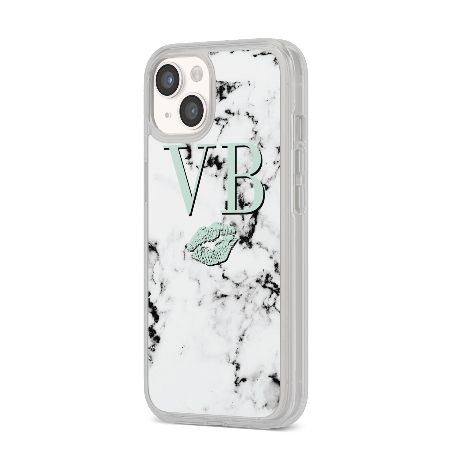 Personalised Mint Lips Initials Marble iPhone 14 Clear Tough Case Starlight Angled Image