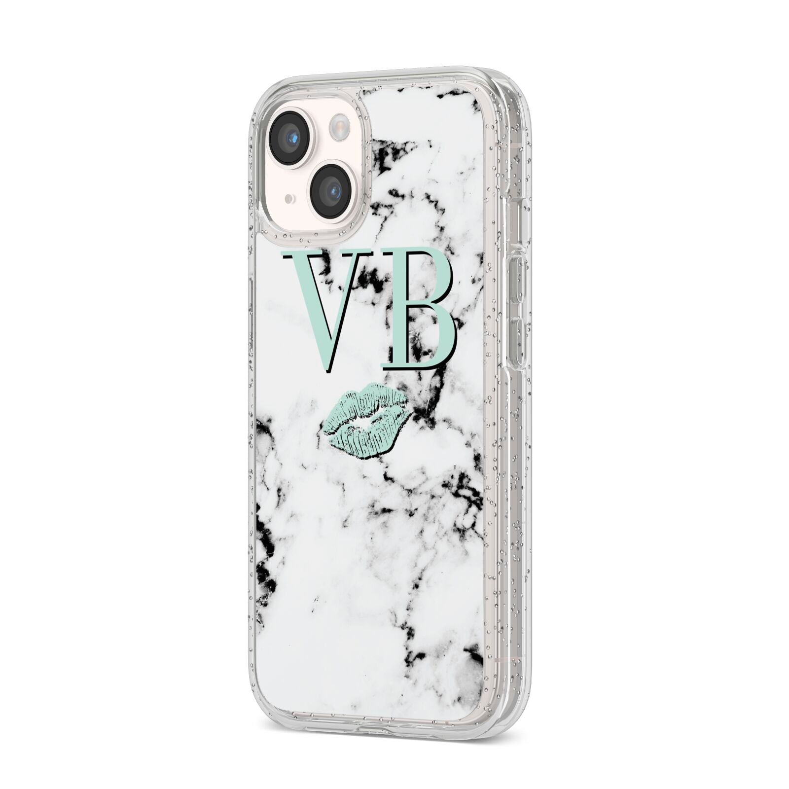 Personalised Mint Lips Initials Marble iPhone 14 Glitter Tough Case Starlight Angled Image