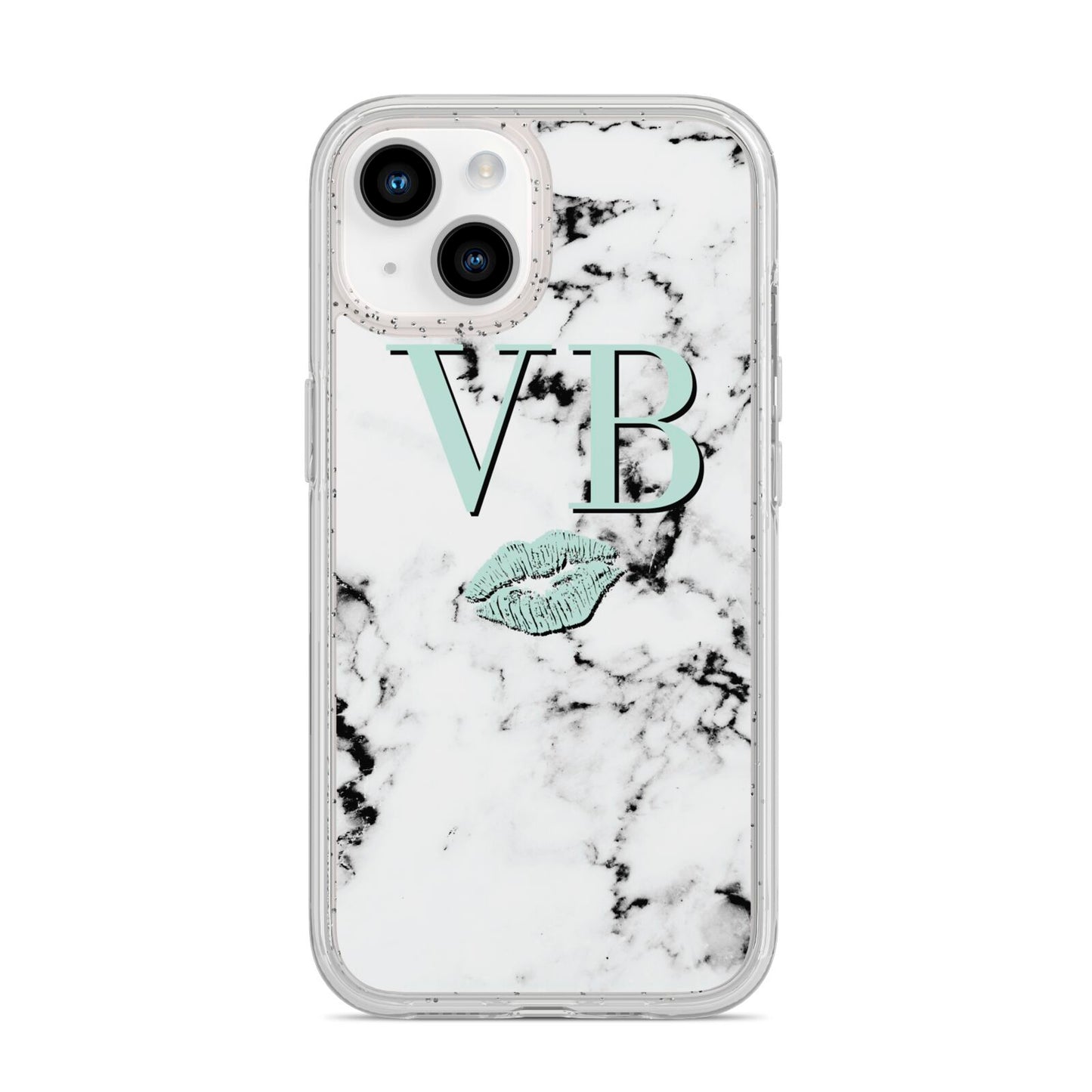 Personalised Mint Lips Initials Marble iPhone 14 Glitter Tough Case Starlight