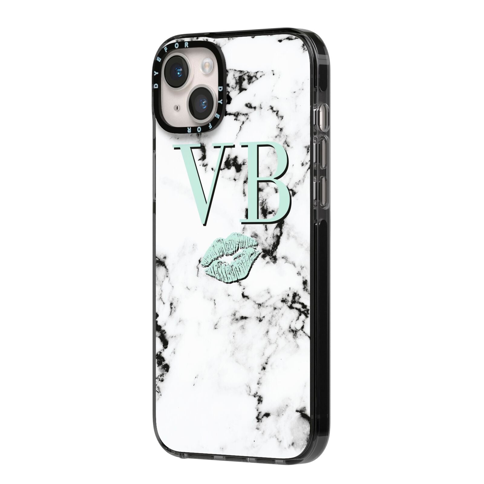 Personalised Mint Lips Initials Marble iPhone 14 Plus Black Impact Case Side Angle on Silver phone