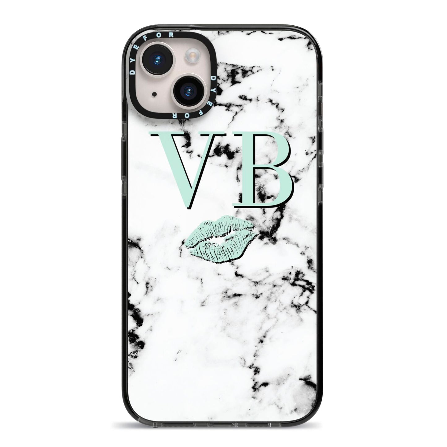 Personalised Mint Lips Initials Marble iPhone 14 Plus Black Impact Case on Silver phone