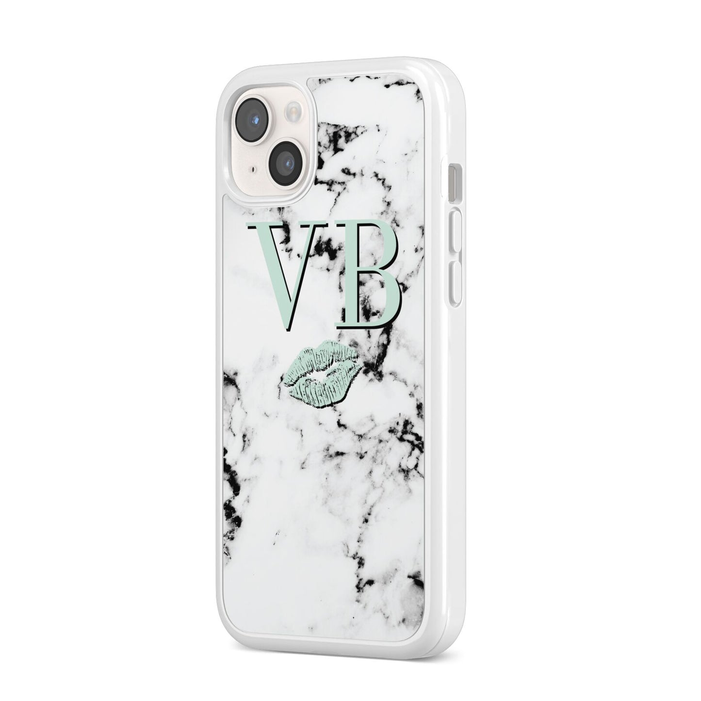 Personalised Mint Lips Initials Marble iPhone 14 Plus Clear Tough Case Starlight Angled Image