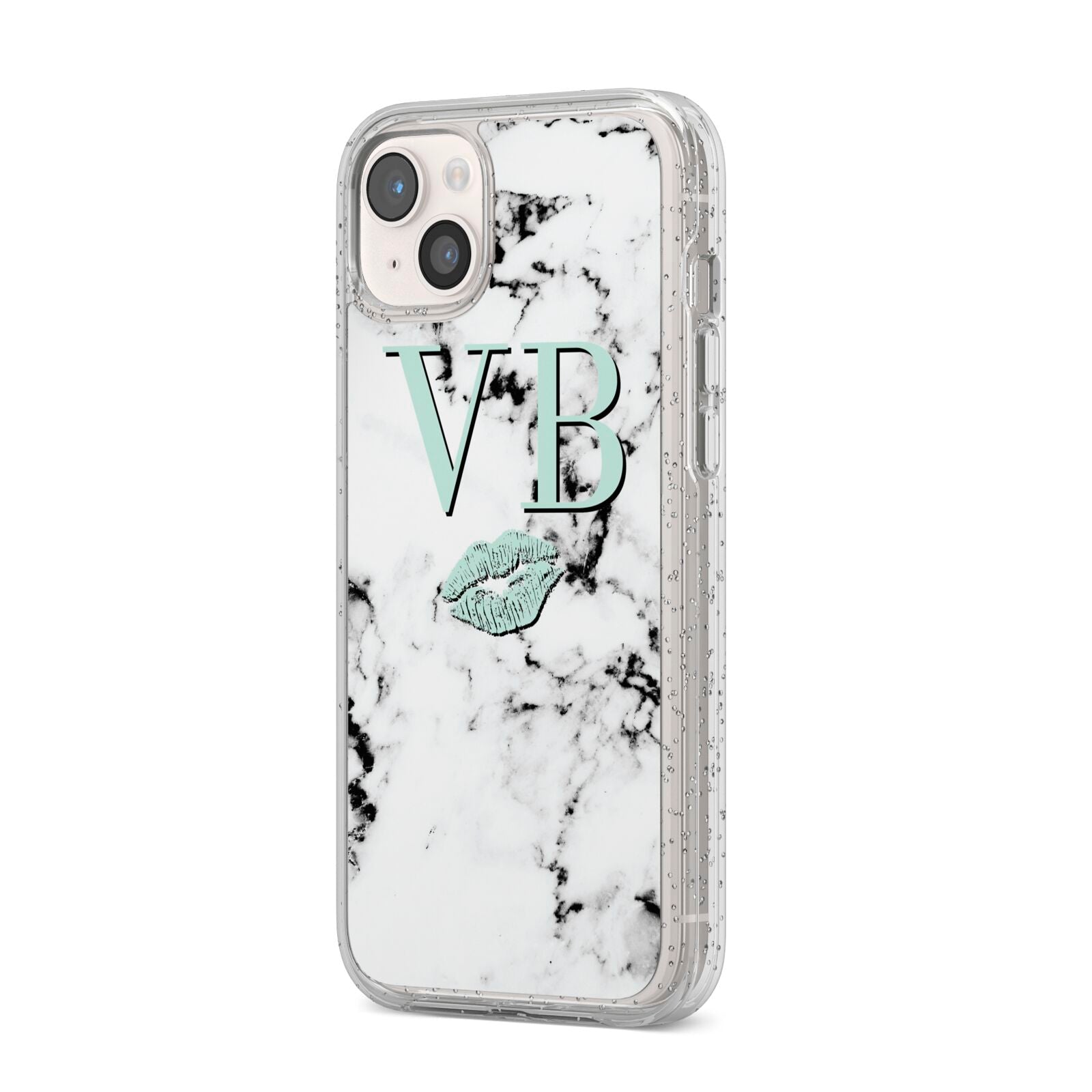 Personalised Mint Lips Initials Marble iPhone 14 Plus Glitter Tough Case Starlight Angled Image