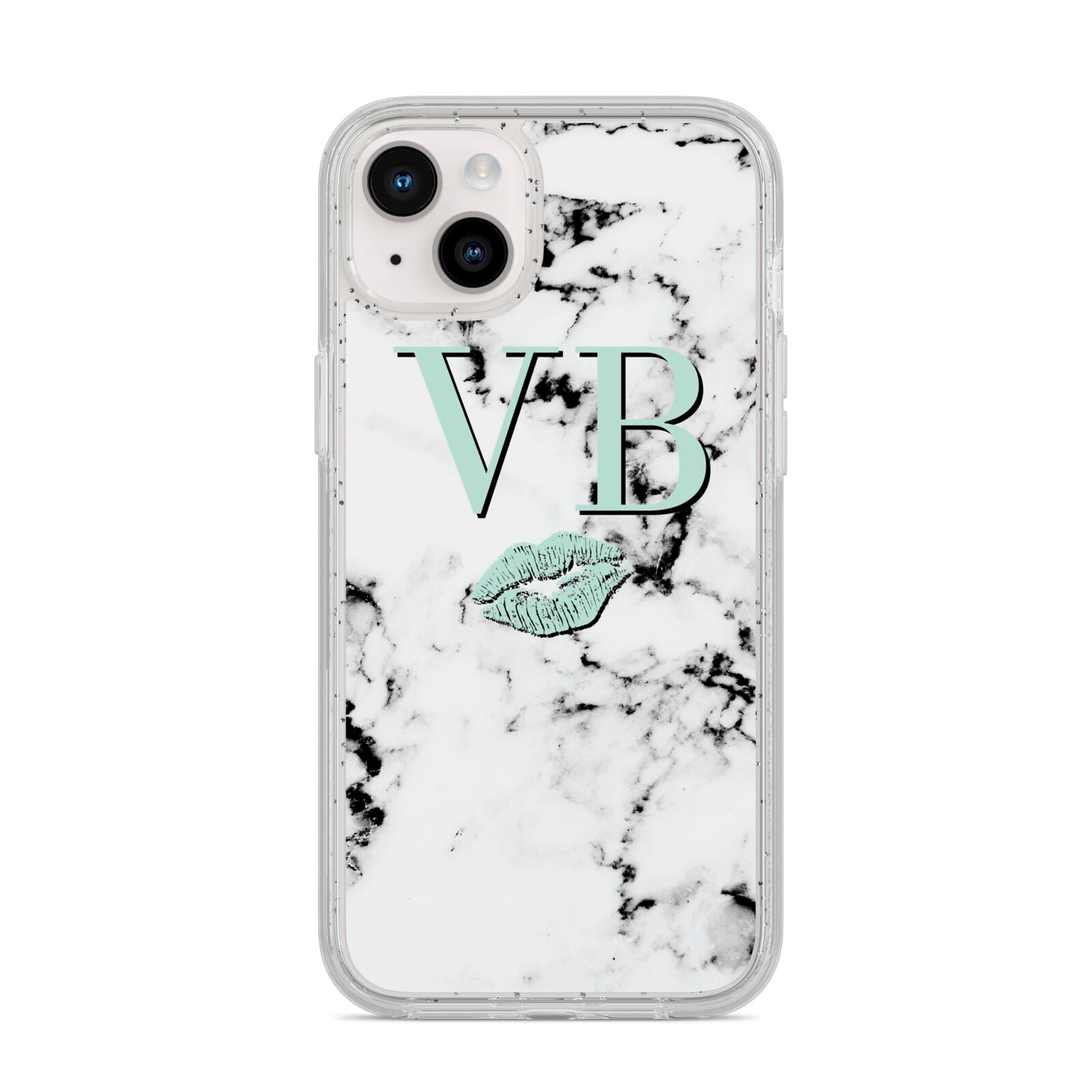 Personalised Mint Lips Initials Marble iPhone 14 Plus Glitter Tough Case Starlight