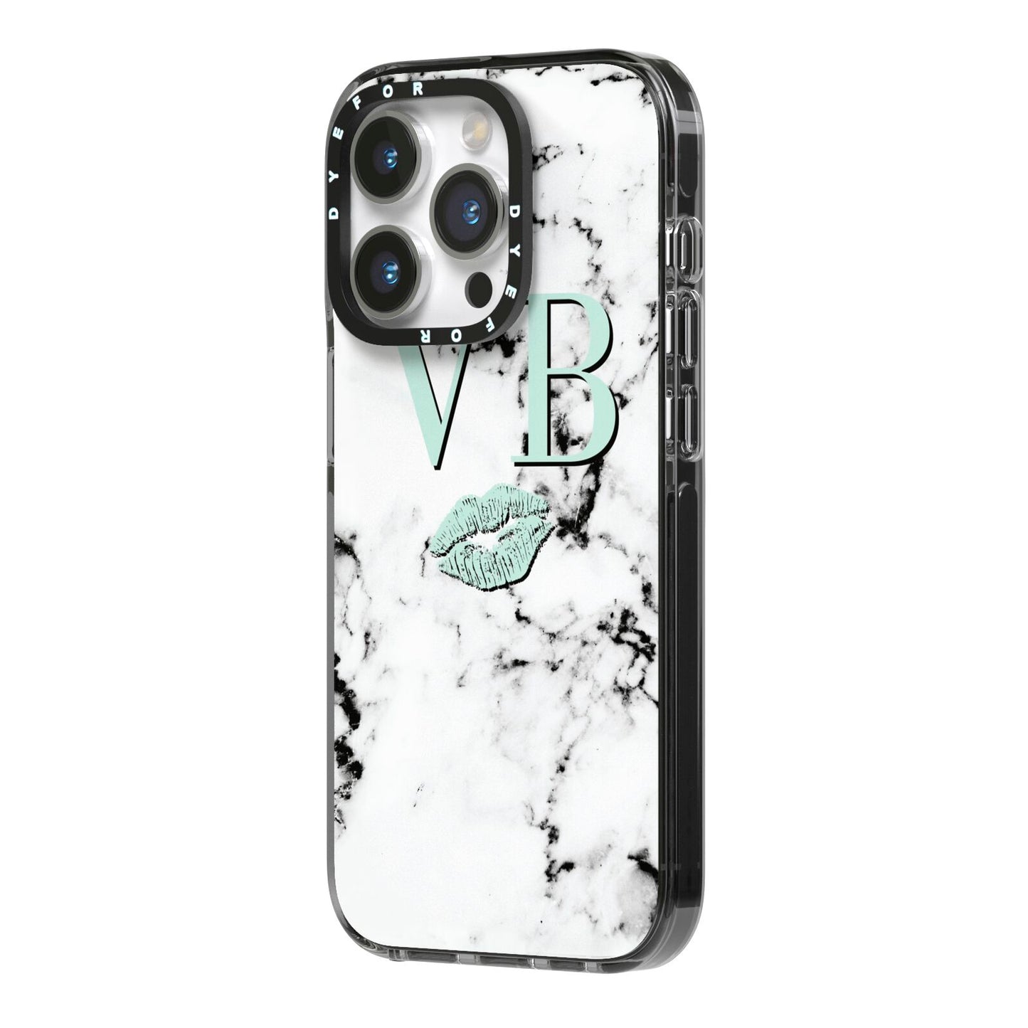 Personalised Mint Lips Initials Marble iPhone 14 Pro Black Impact Case Side Angle on Silver phone