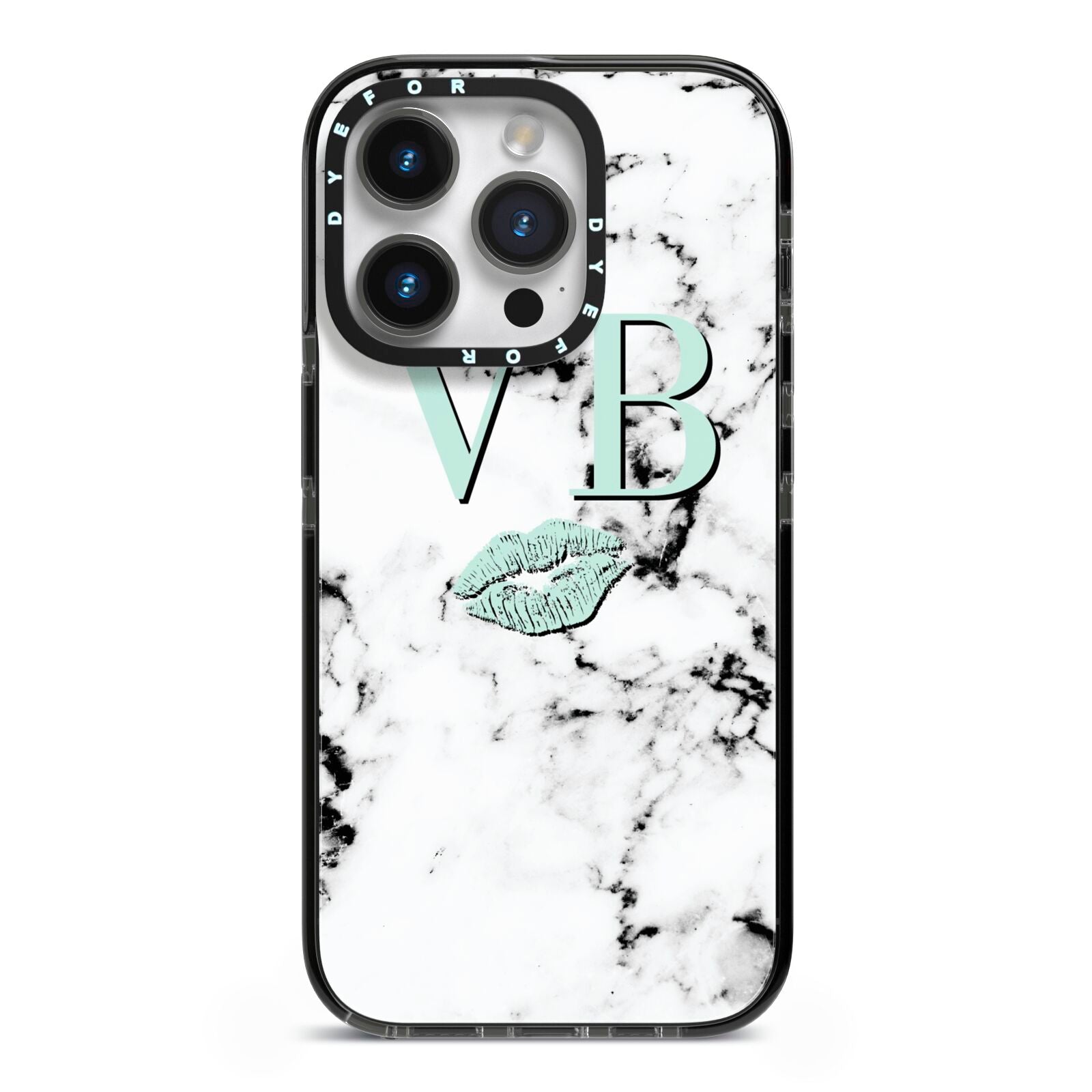 Personalised Mint Lips Initials Marble iPhone 14 Pro Black Impact Case on Silver phone