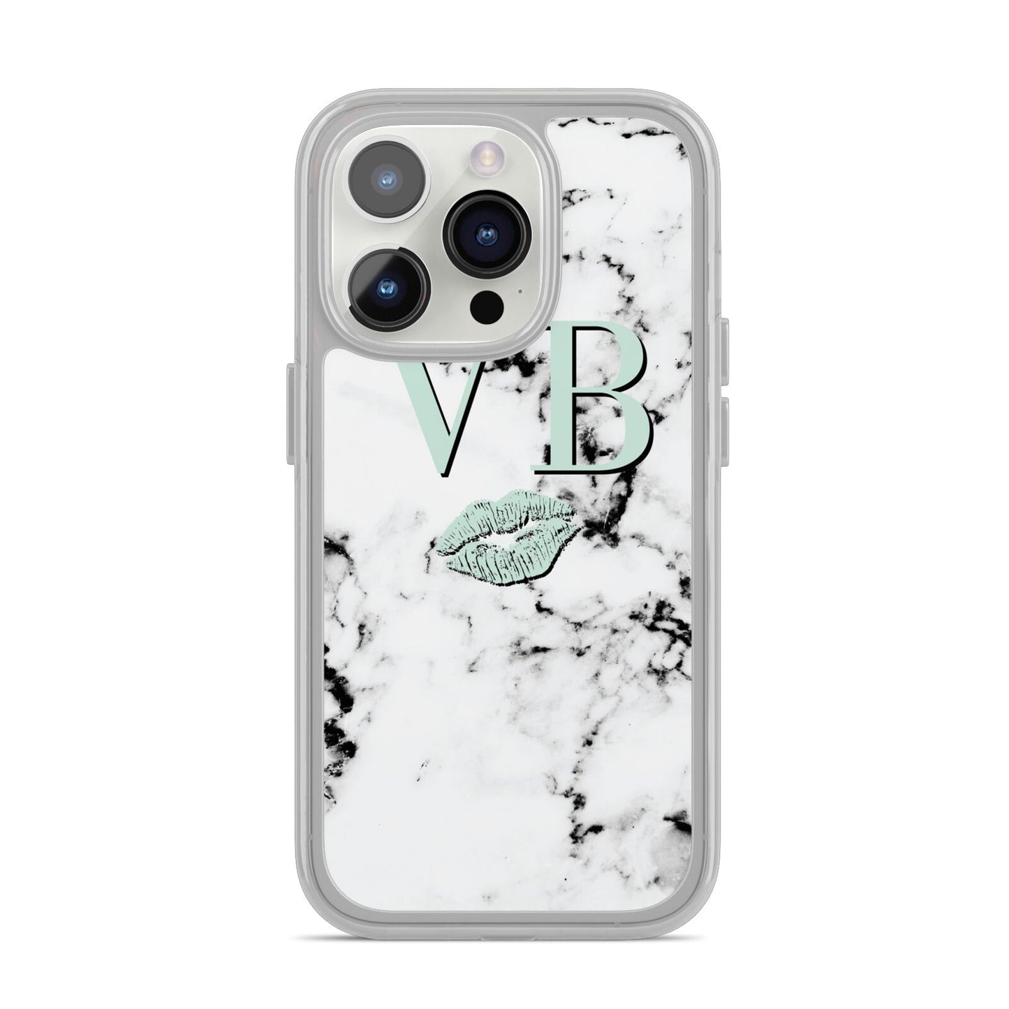 Personalised Mint Lips Initials Marble iPhone 14 Pro Clear Tough Case Silver