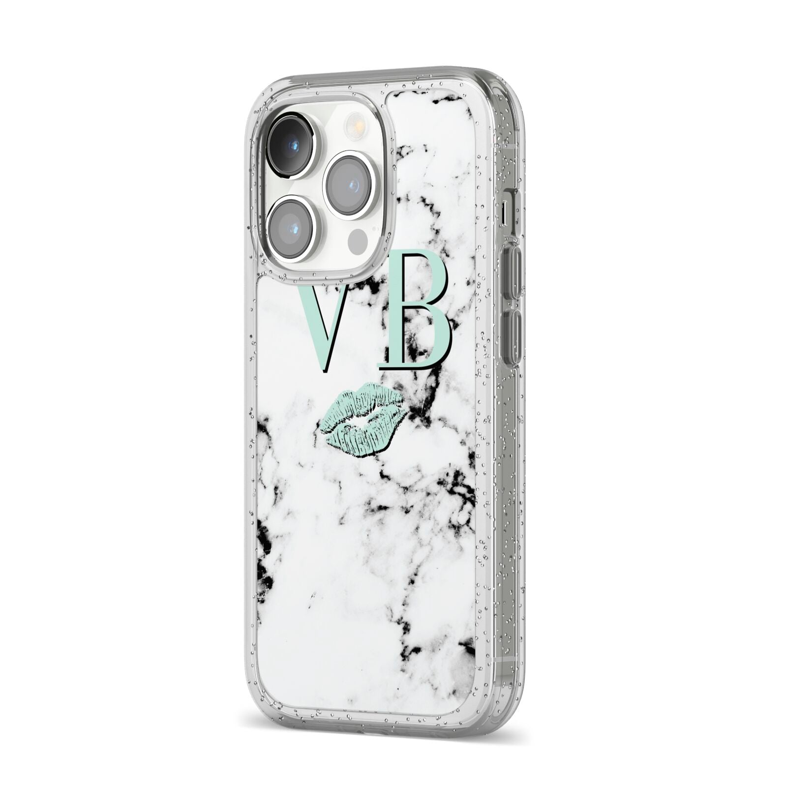 Personalised Mint Lips Initials Marble iPhone 14 Pro Glitter Tough Case Silver Angled Image