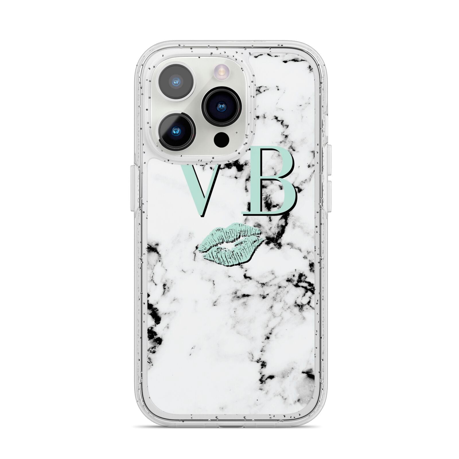 Personalised Mint Lips Initials Marble iPhone 14 Pro Glitter Tough Case Silver