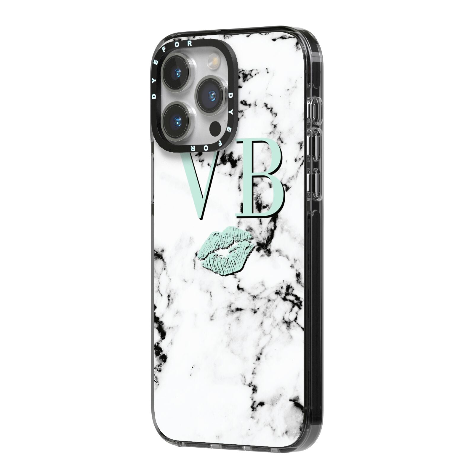 Personalised Mint Lips Initials Marble iPhone 14 Pro Max Black Impact Case Side Angle on Silver phone