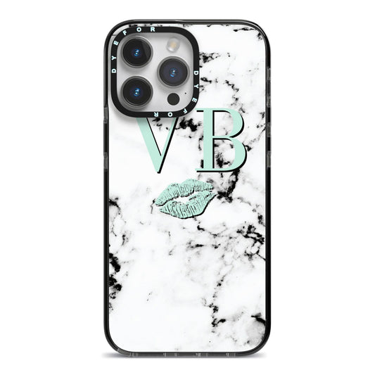 Personalised Mint Lips Initials Marble iPhone 14 Pro Max Black Impact Case on Silver phone