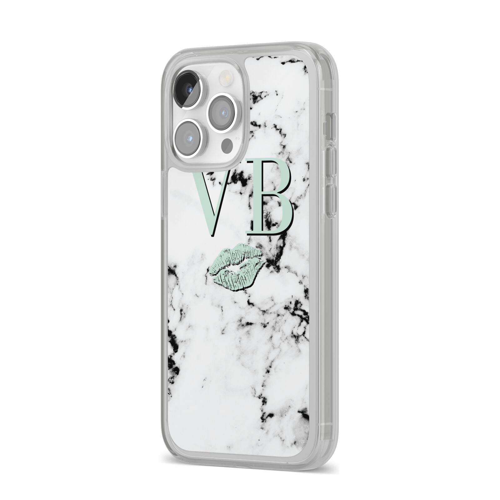 Personalised Mint Lips Initials Marble iPhone 14 Pro Max Clear Tough Case Silver Angled Image