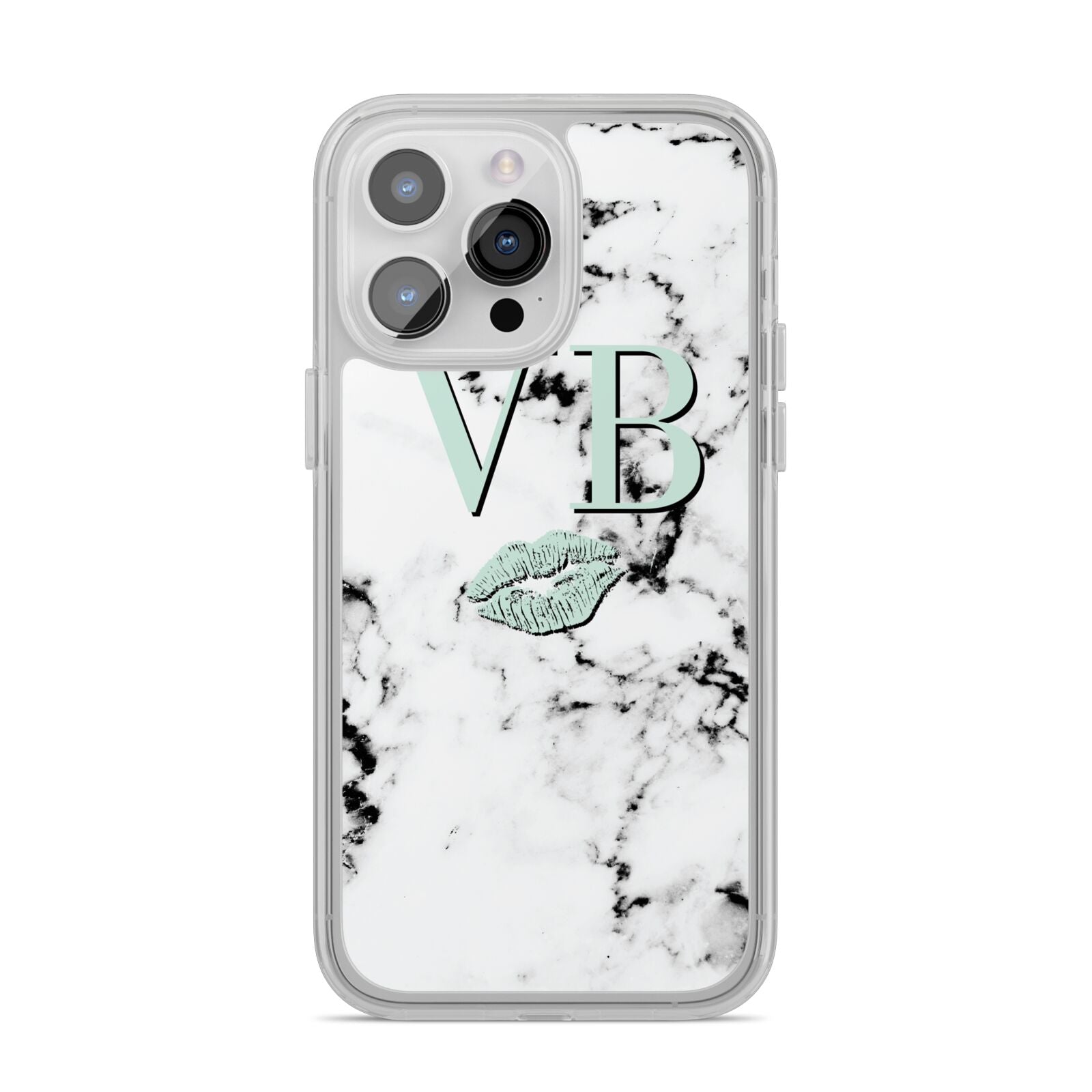 Personalised Mint Lips Initials Marble iPhone 14 Pro Max Clear Tough Case Silver